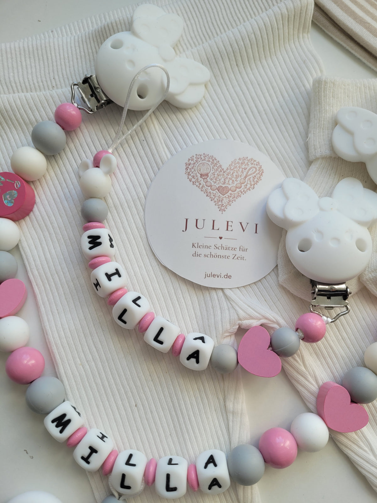 2er-Set mit Namen – Schnullerkette & Kinderwagenkette Maus babyrosa weiss grau