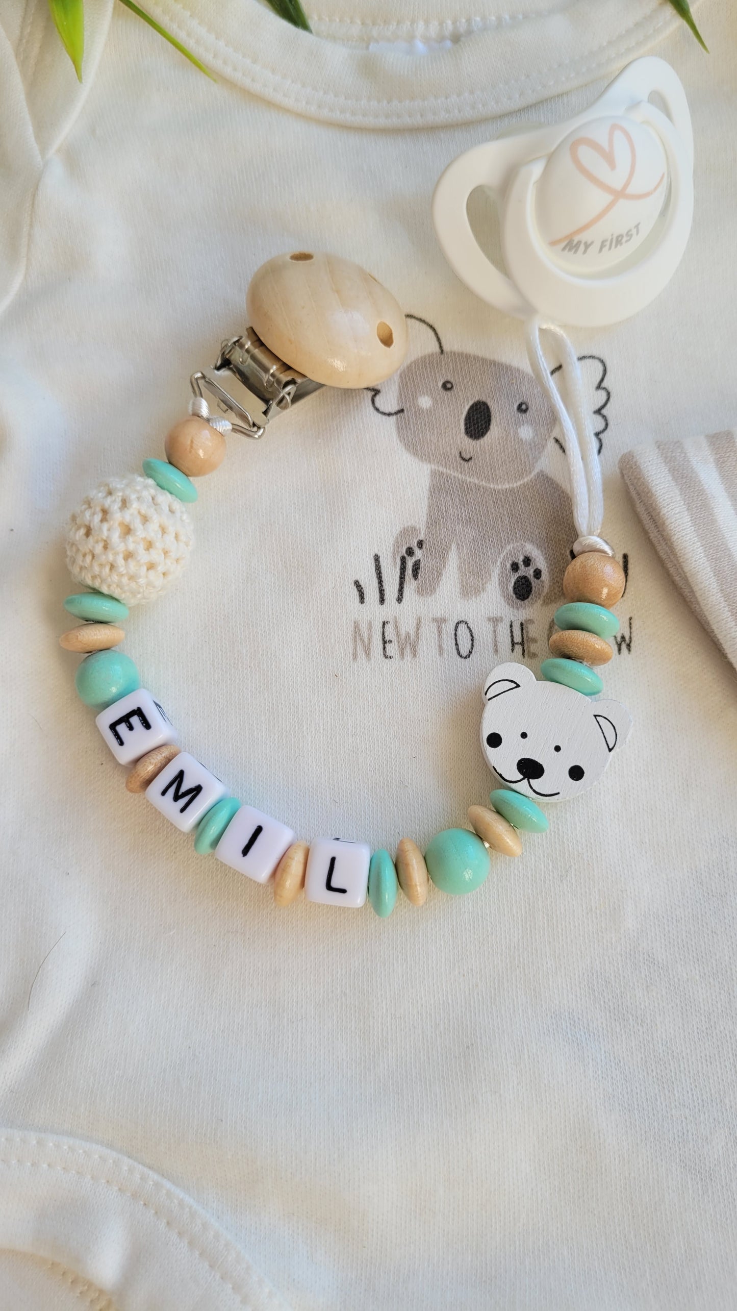Schnullerkette mit Namen für Jungen Teddy mint