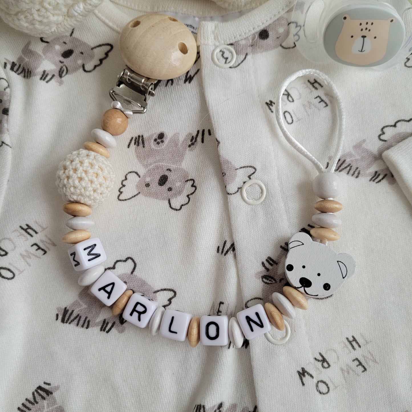 Schnullerkette mit Namen für Jungen Teddy holz weiss