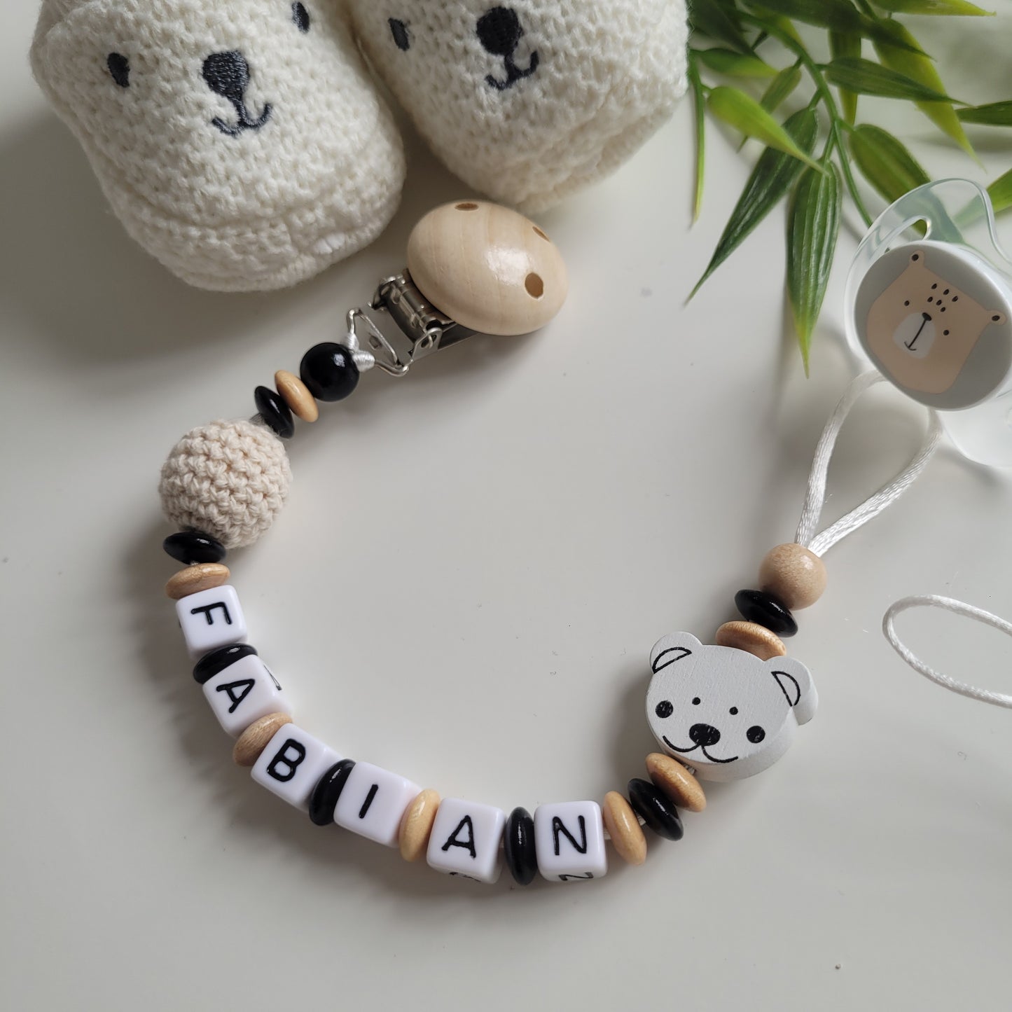 Schnullerkette mit Namen Jungen holz schwarz Teddy