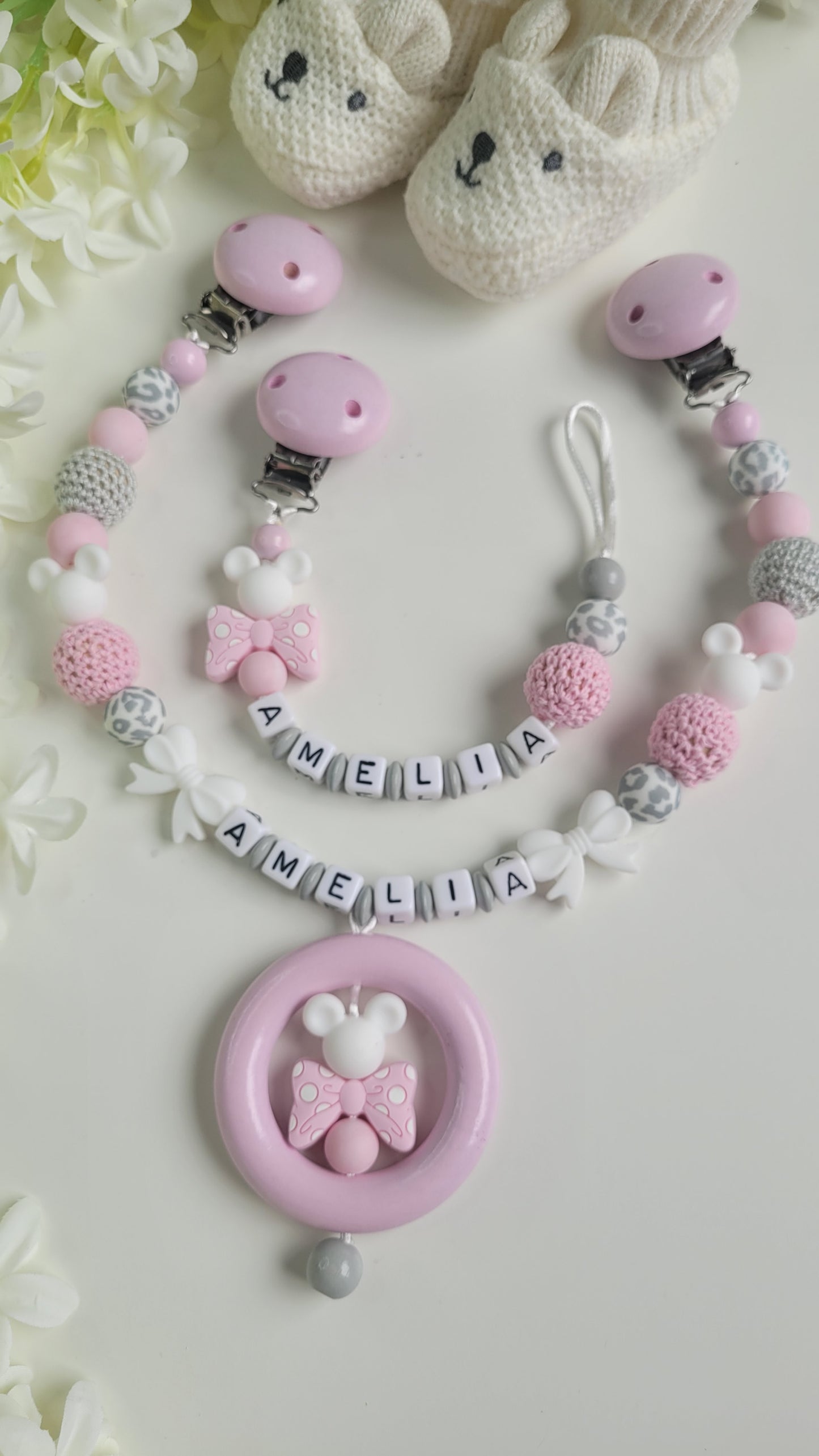Kinderwagenkette & Schnullerkette mit Namen Mädchen Rosa grau Mickey