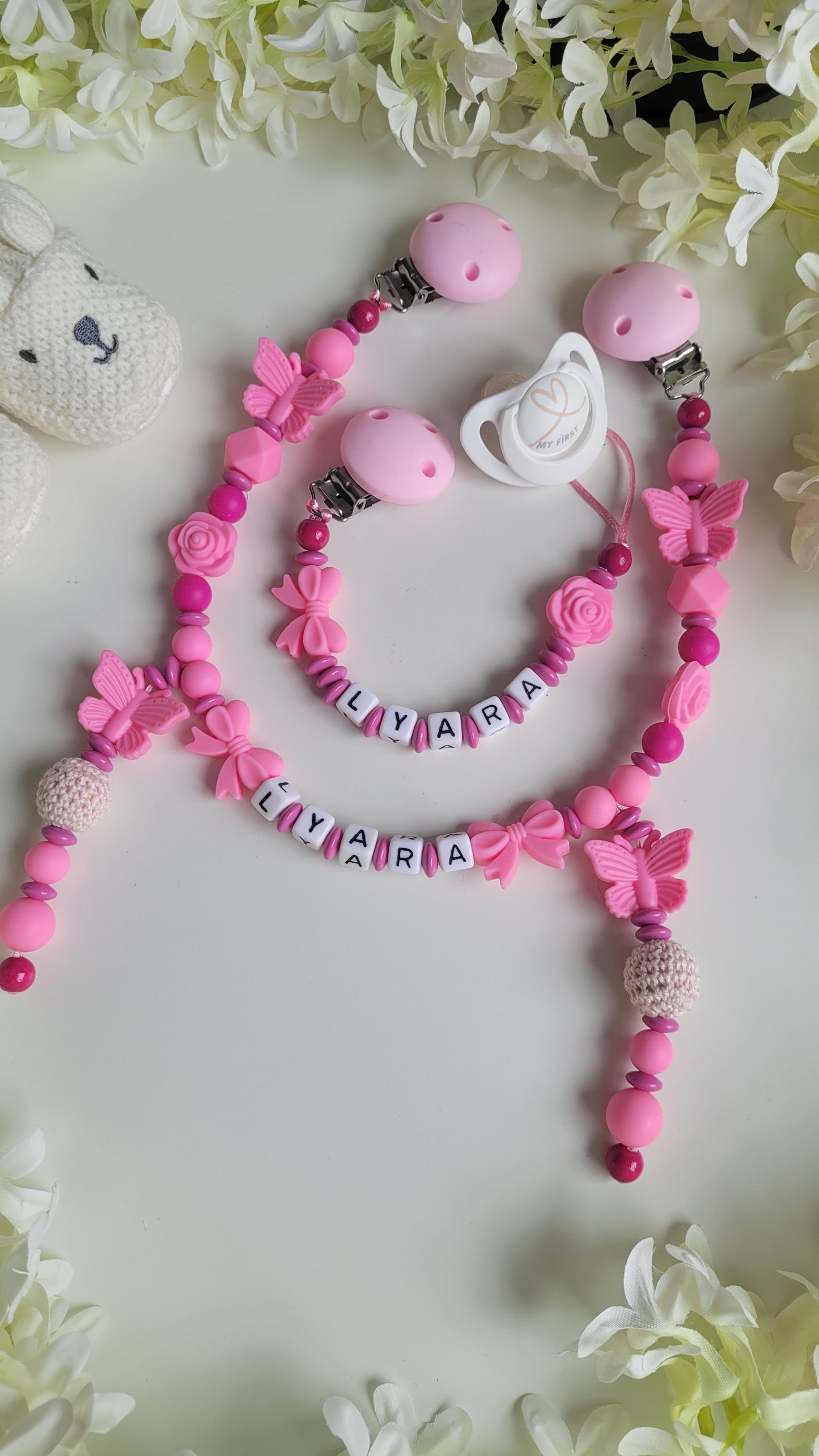 Kinderwagenkette & Schnullerkette Set Rosenprinzessinn Traumhaft schön