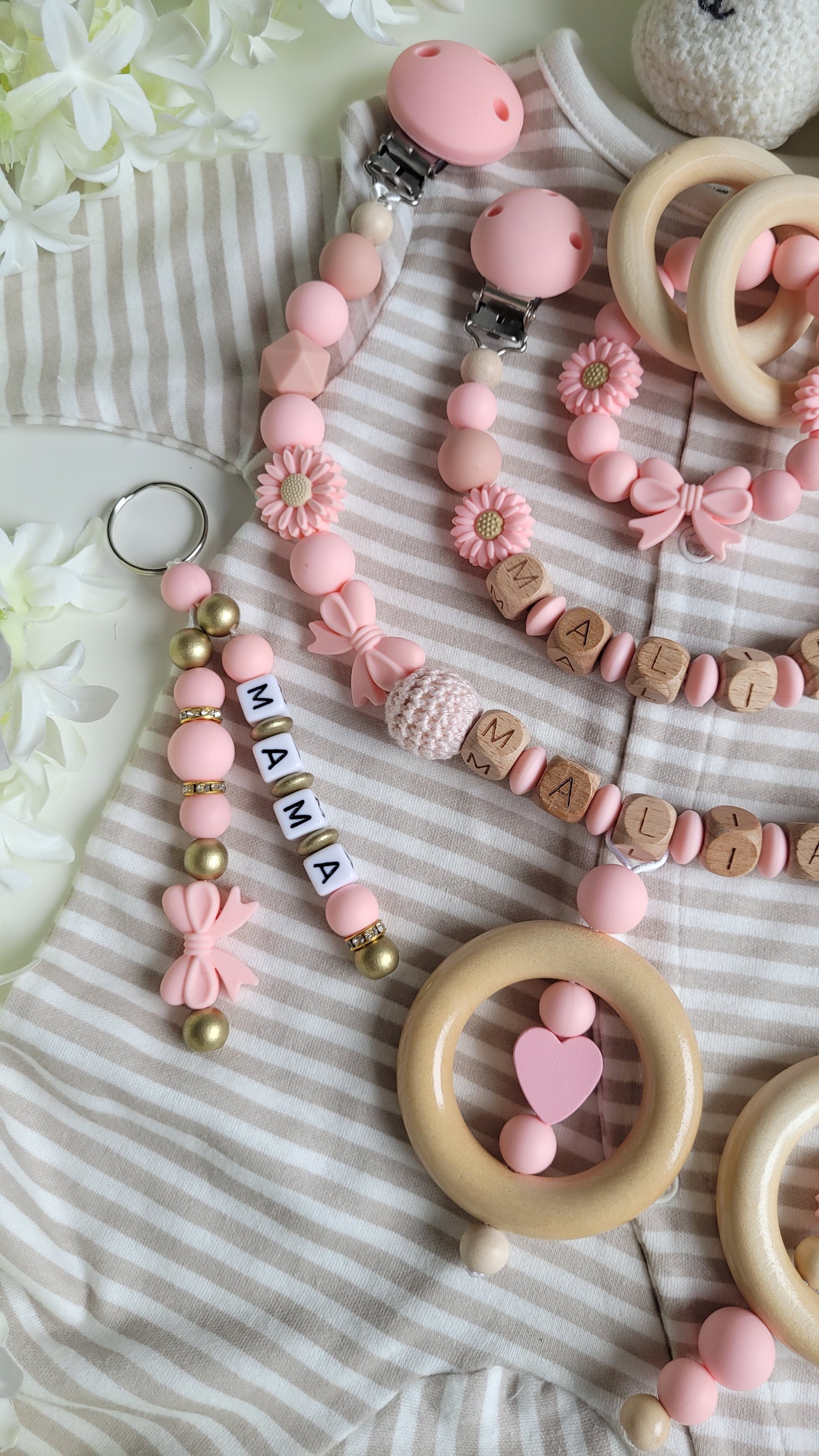 Mega Komplett Set inkl. Schlüsselanhänger Blümchen peach pink