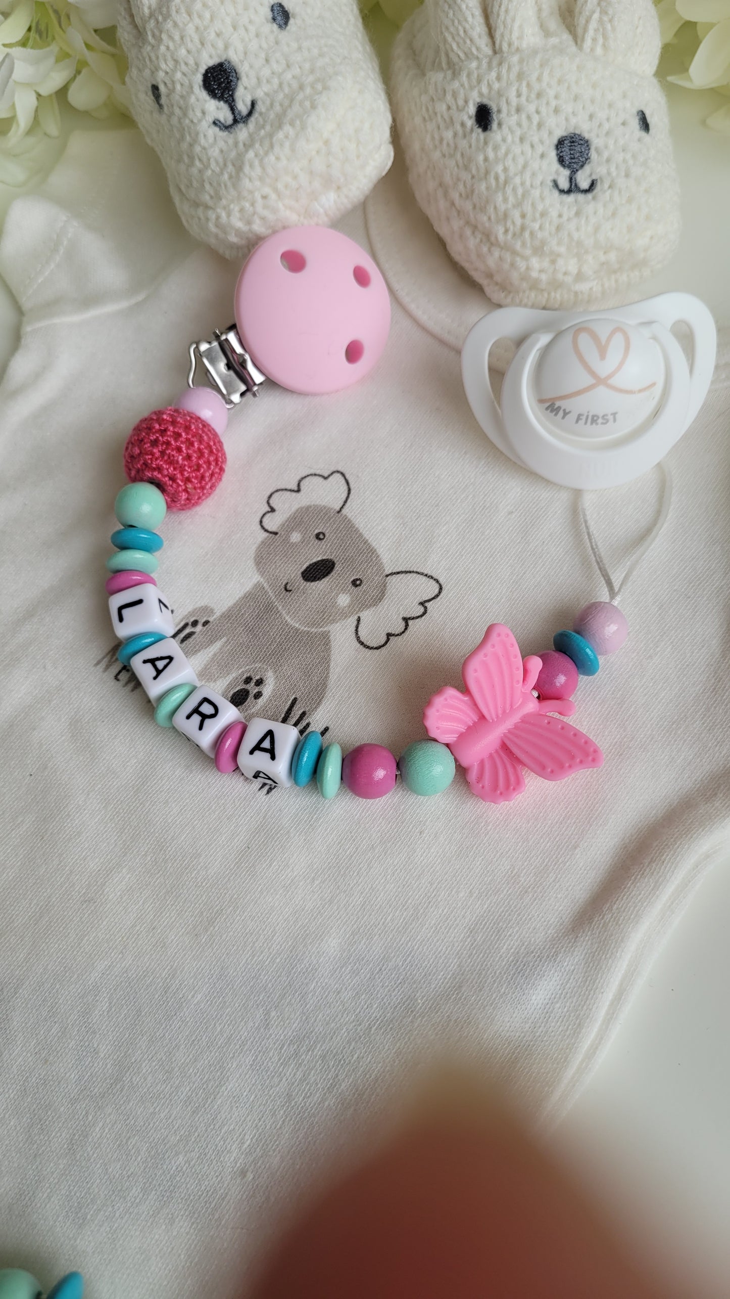 Kinderwagenkette mit Wunschnamen Butterfly türkis mint pink