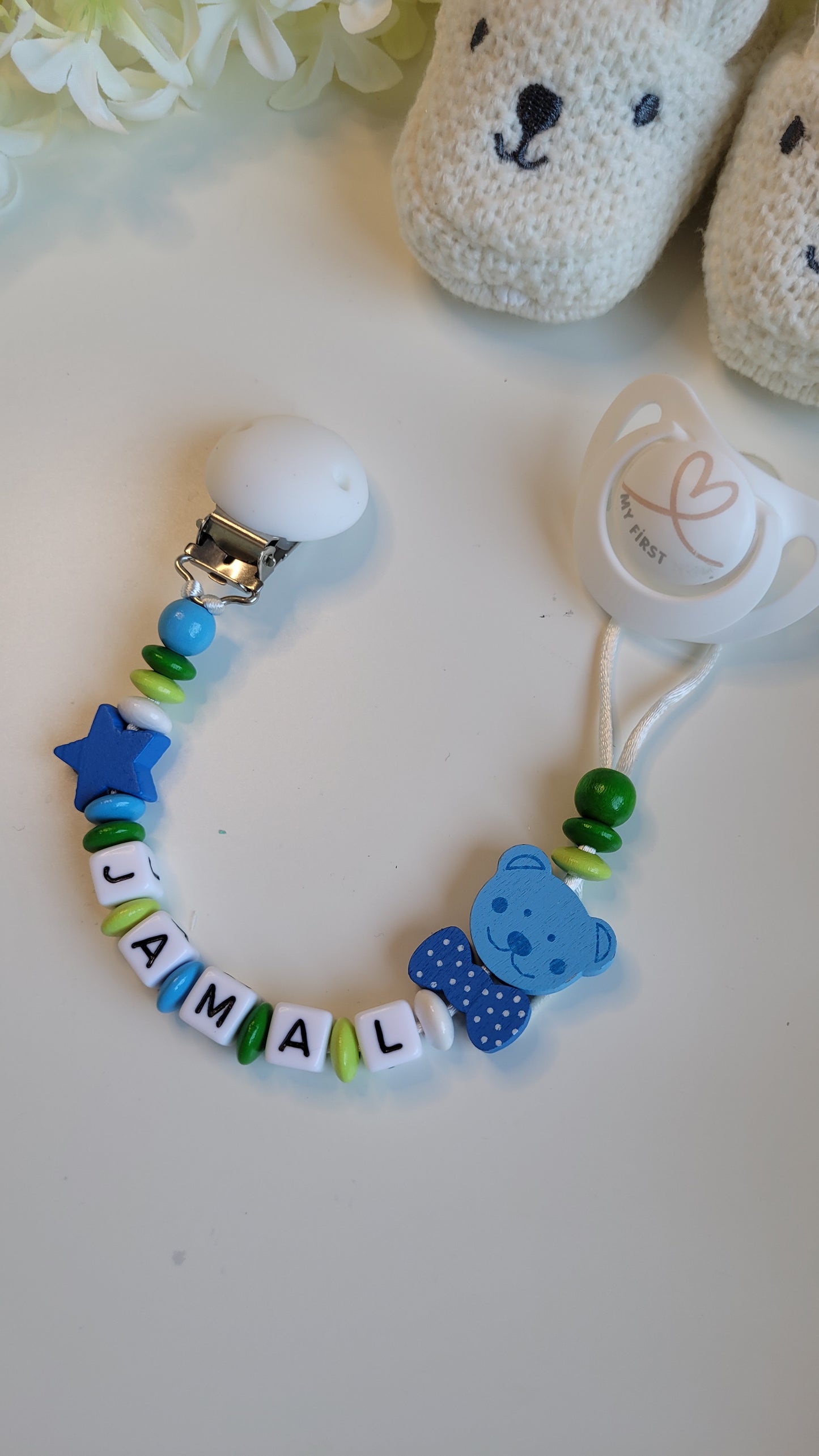 Top Angebot Kinderwagenkette & Schnullerkette mit Namen für Jungen Teddy Spielringe