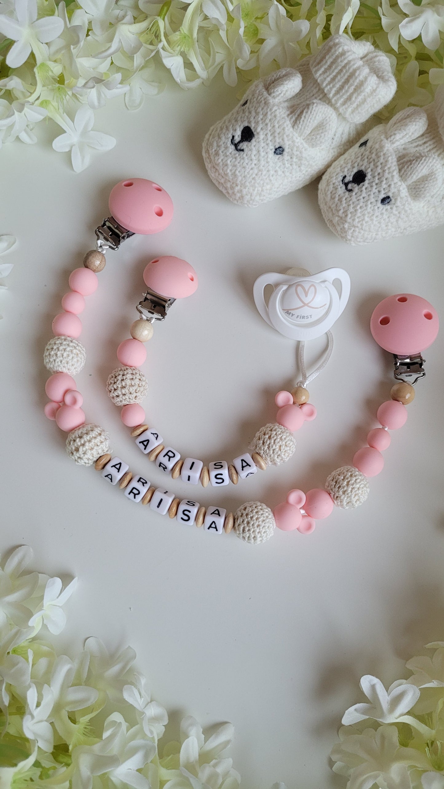 Kinderwagenkette & Schnullerkette mit Namen Mäuse beige apricot