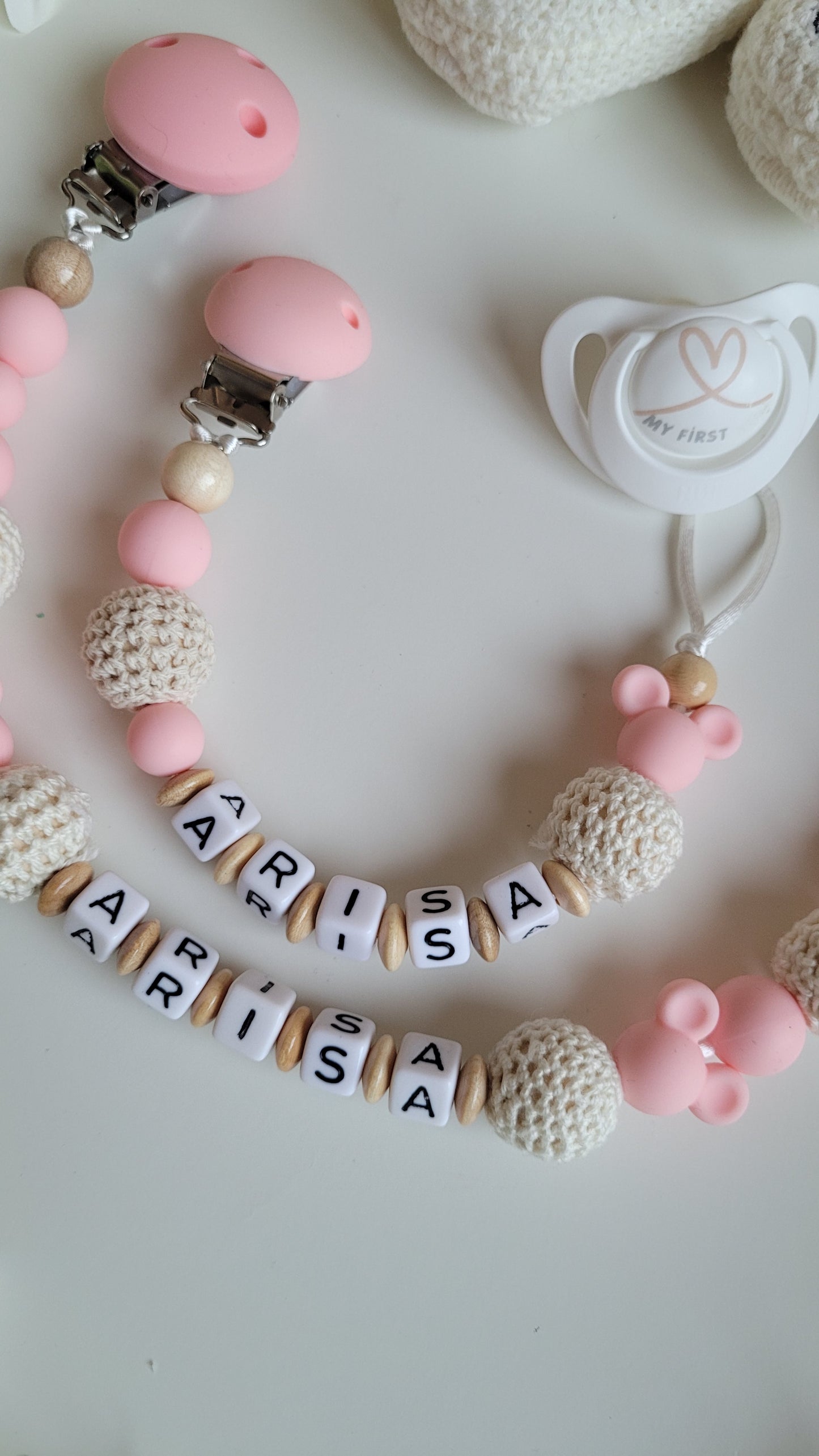 Kinderwagenkette & Schnullerkette mit Namen Mäuse beige apricot
