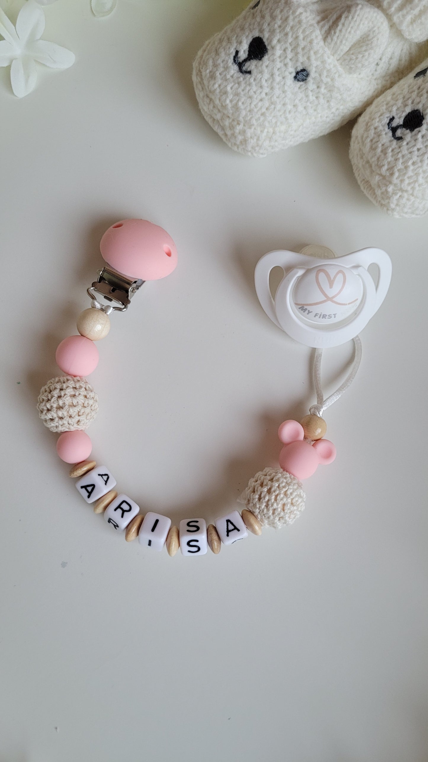Kinderwagenkette & Schnullerkette mit Namen Mäuse beige apricot