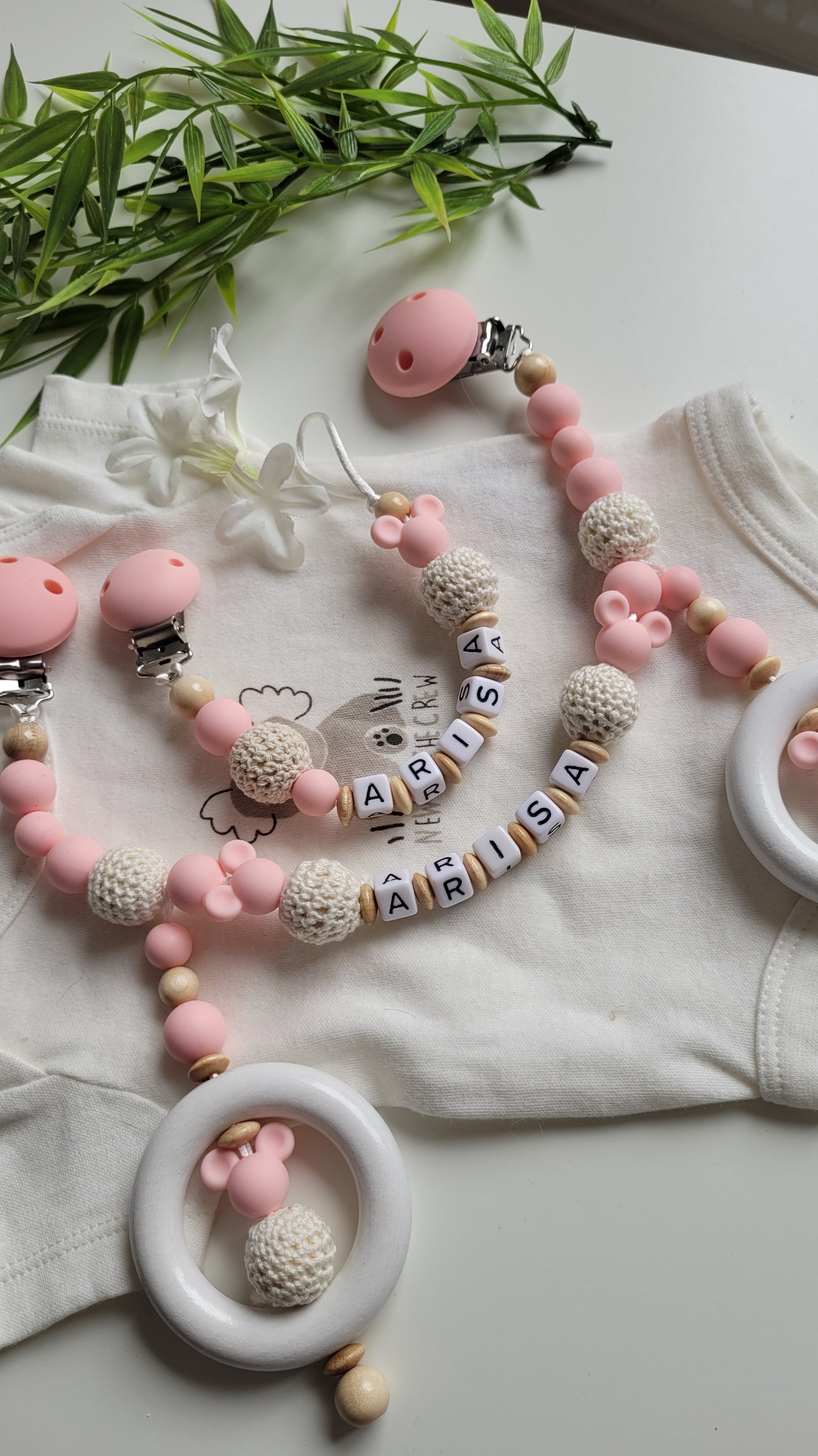 Kinderwagenkette & Schnullerkette Maus apricot Set mit Spielringen