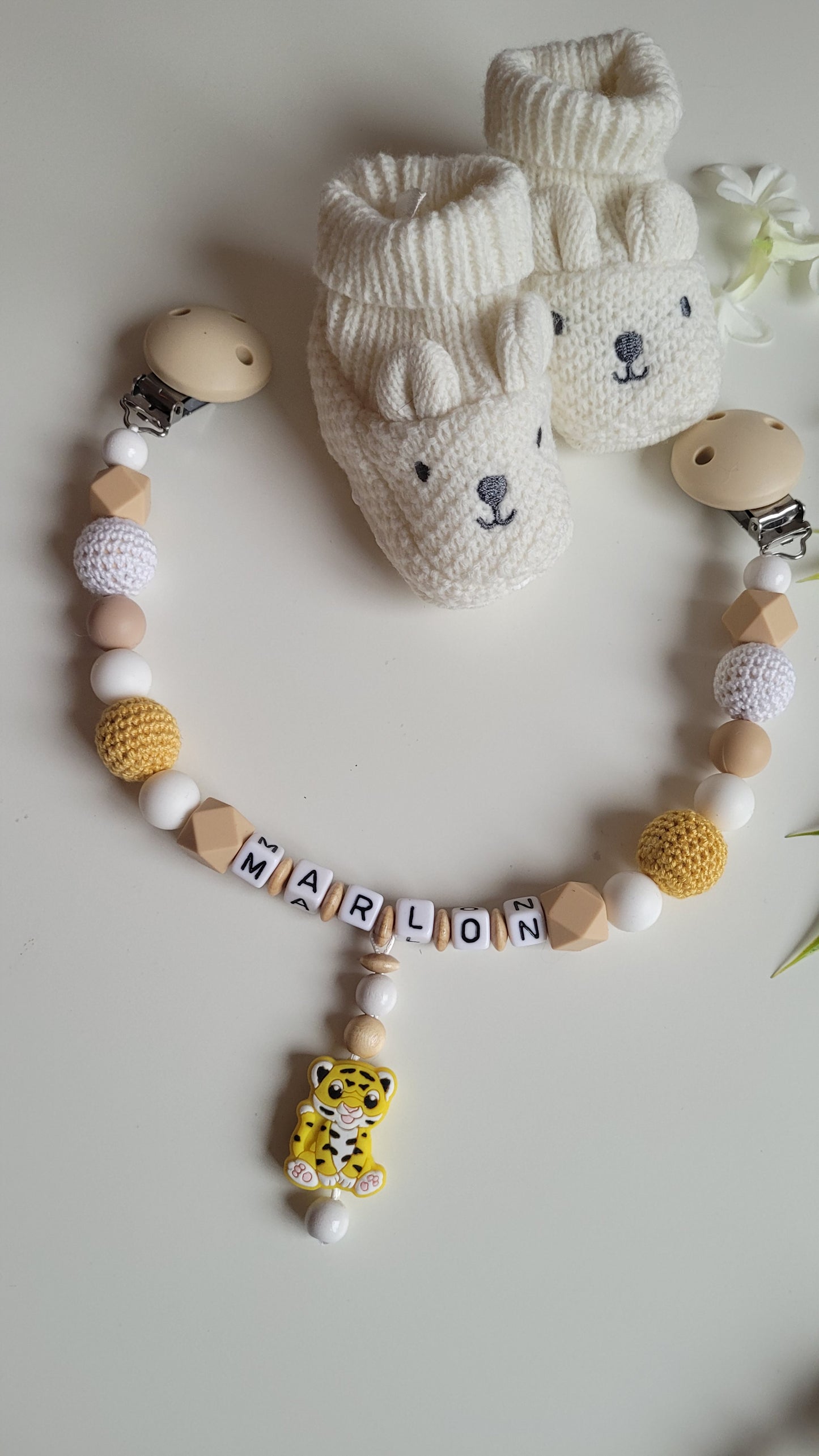 Kinderwagenkette & Schnullerkette mit Namen Tiger