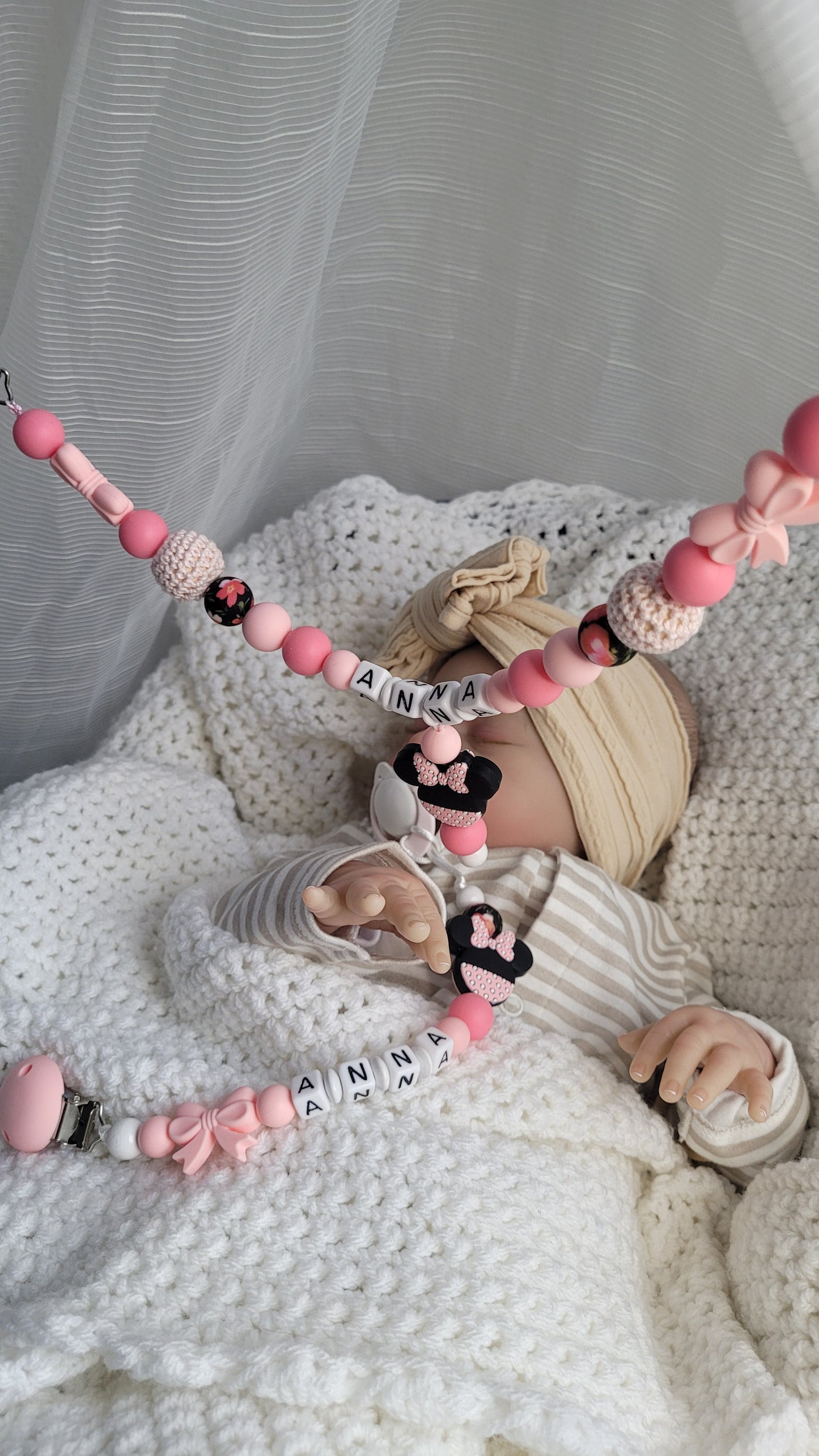 Nur 1 Mal ! Kinderwagenkette & Schnullerkette + Greifring Maus Babypink