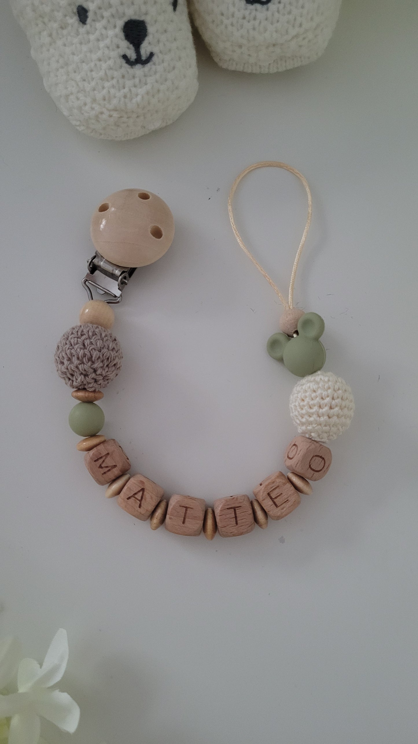 Schnullerkette Natur Maus grün