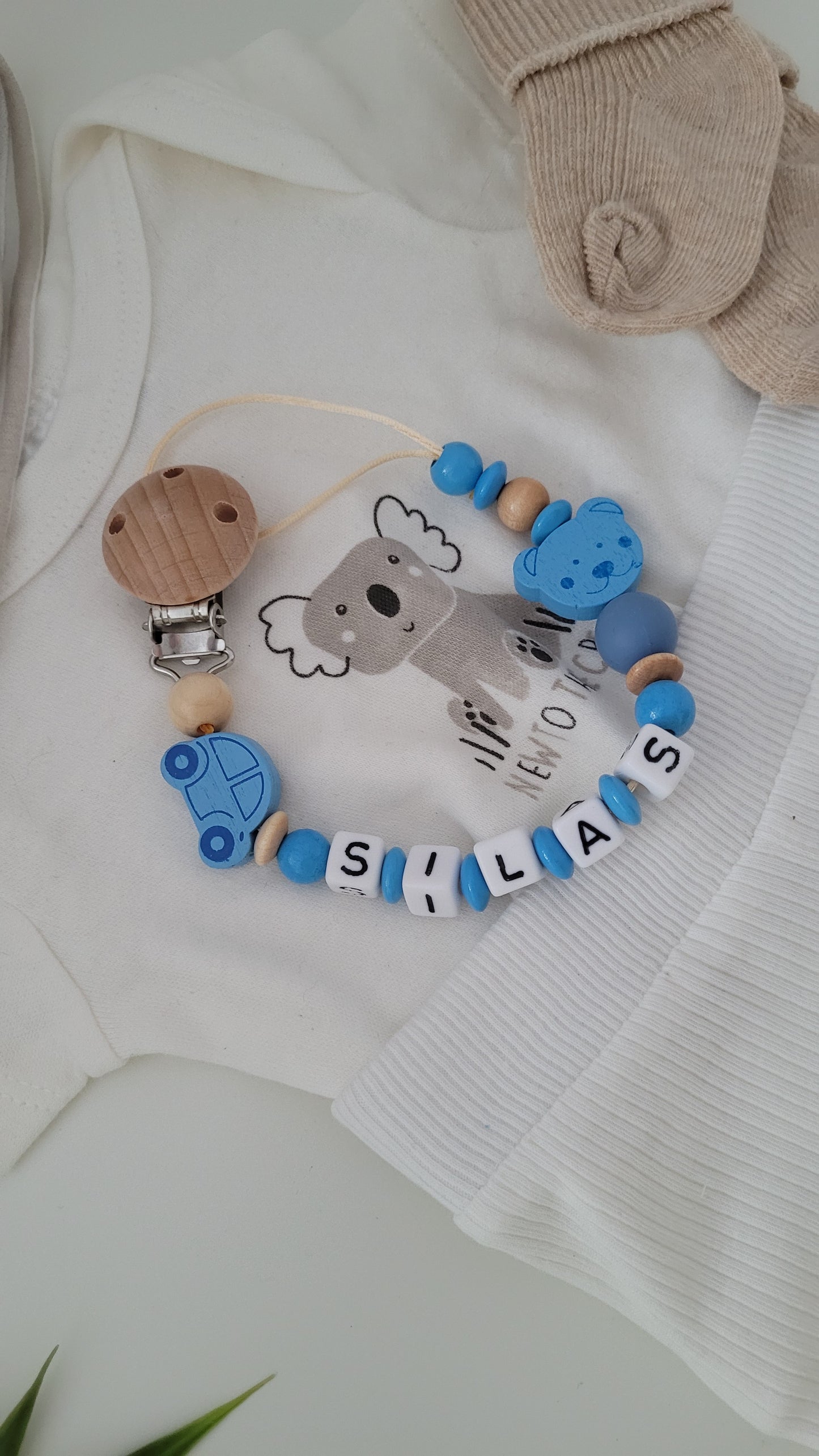 Schnullerkette mit Namen Auto blau holz
