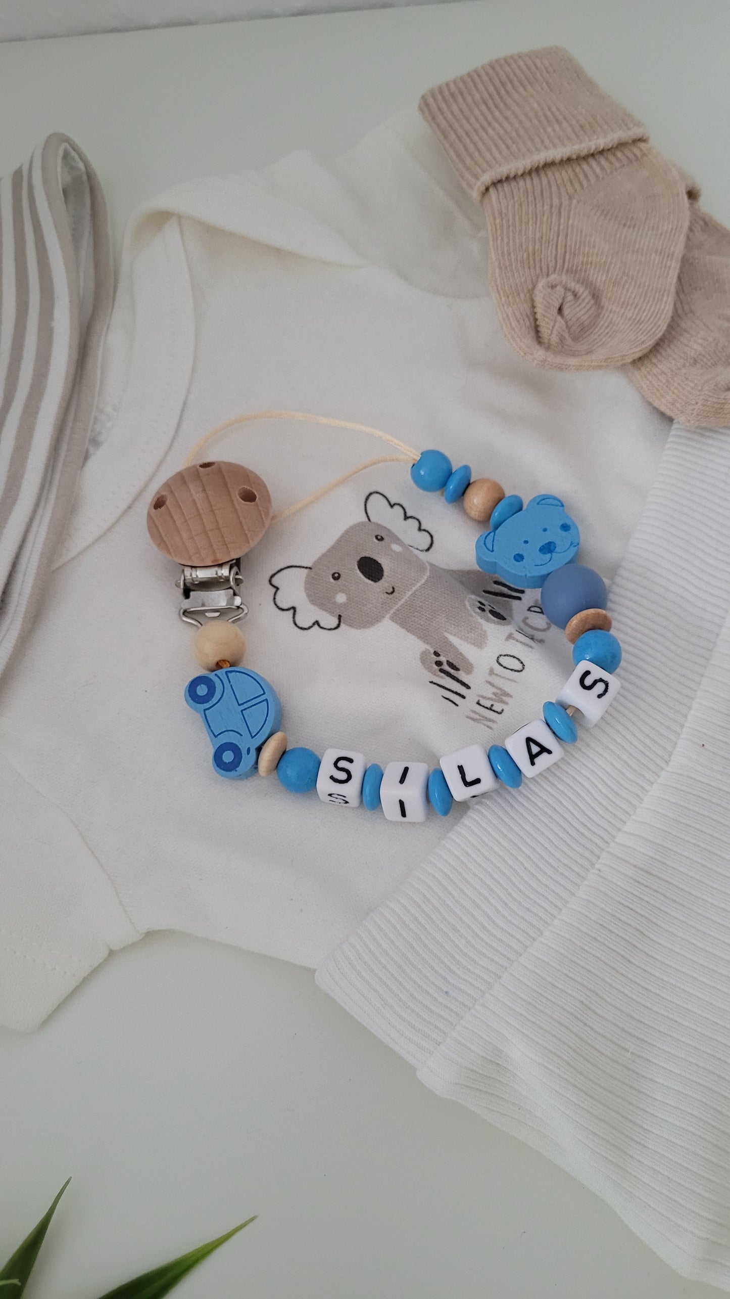 Schnullerkette mit Namen Auto blau holz