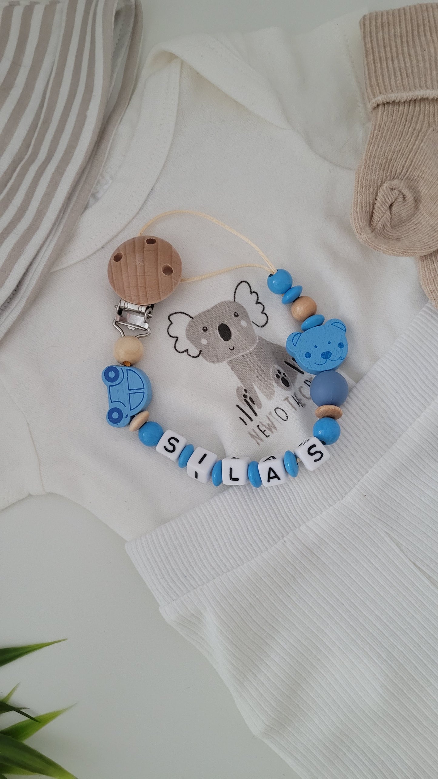 Schnullerkette mit Namen Auto blau holz