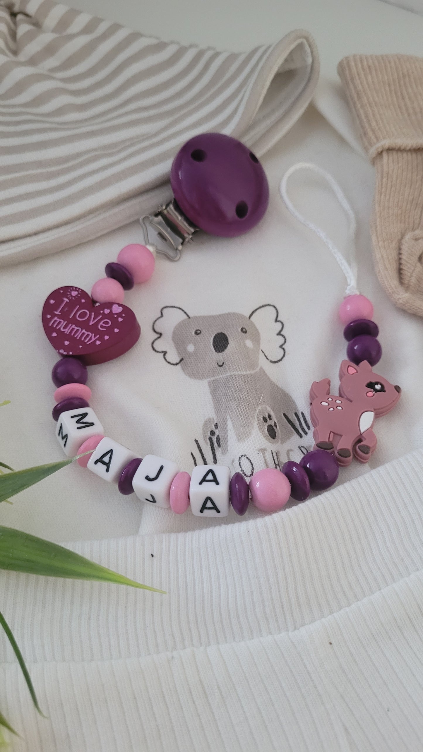 Schnullerkette mit Namen für Mädchen Rehkitz pflaume rose