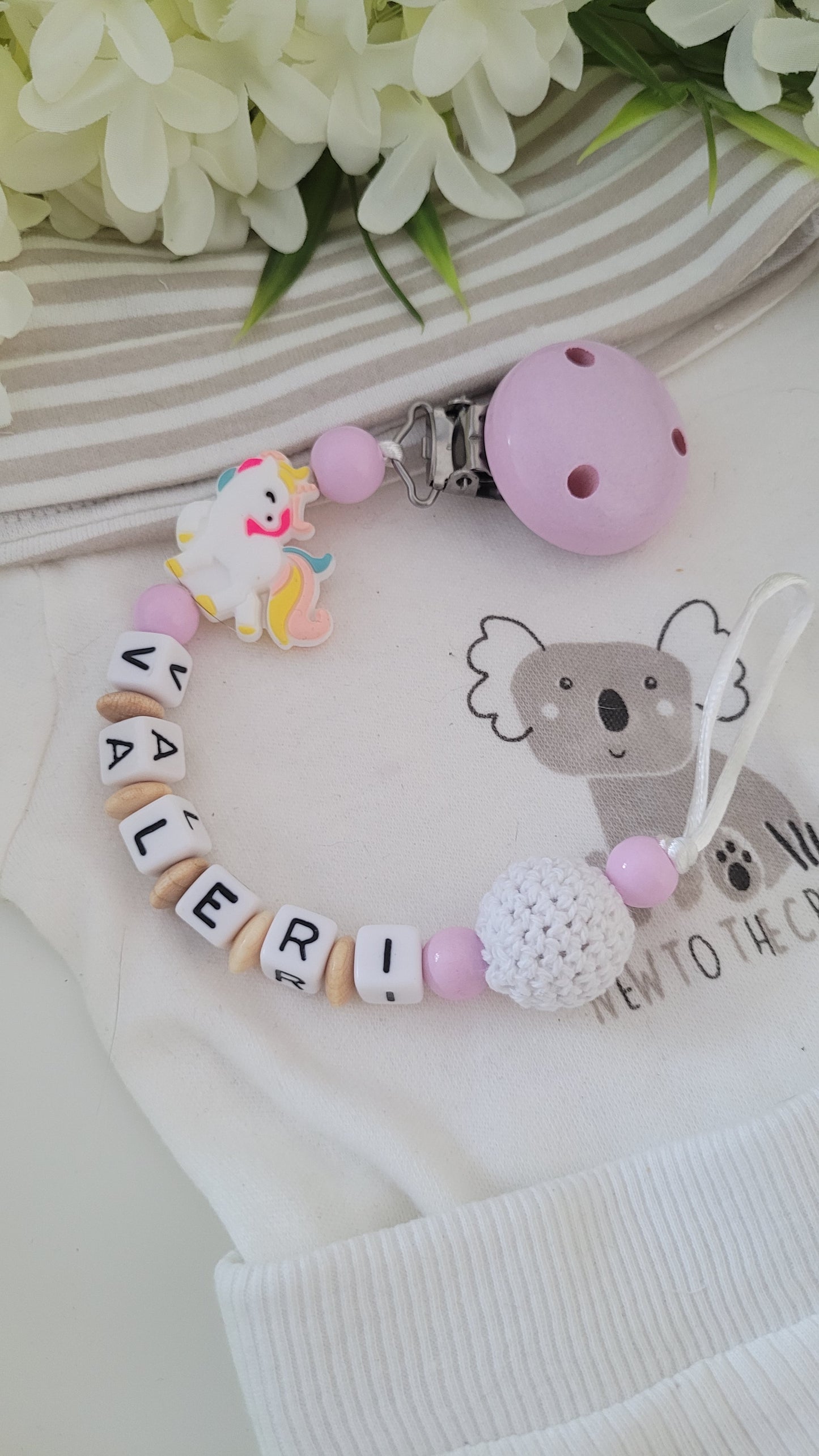 Schnullerkette mit Namen für Mädchen Einhorn rosa