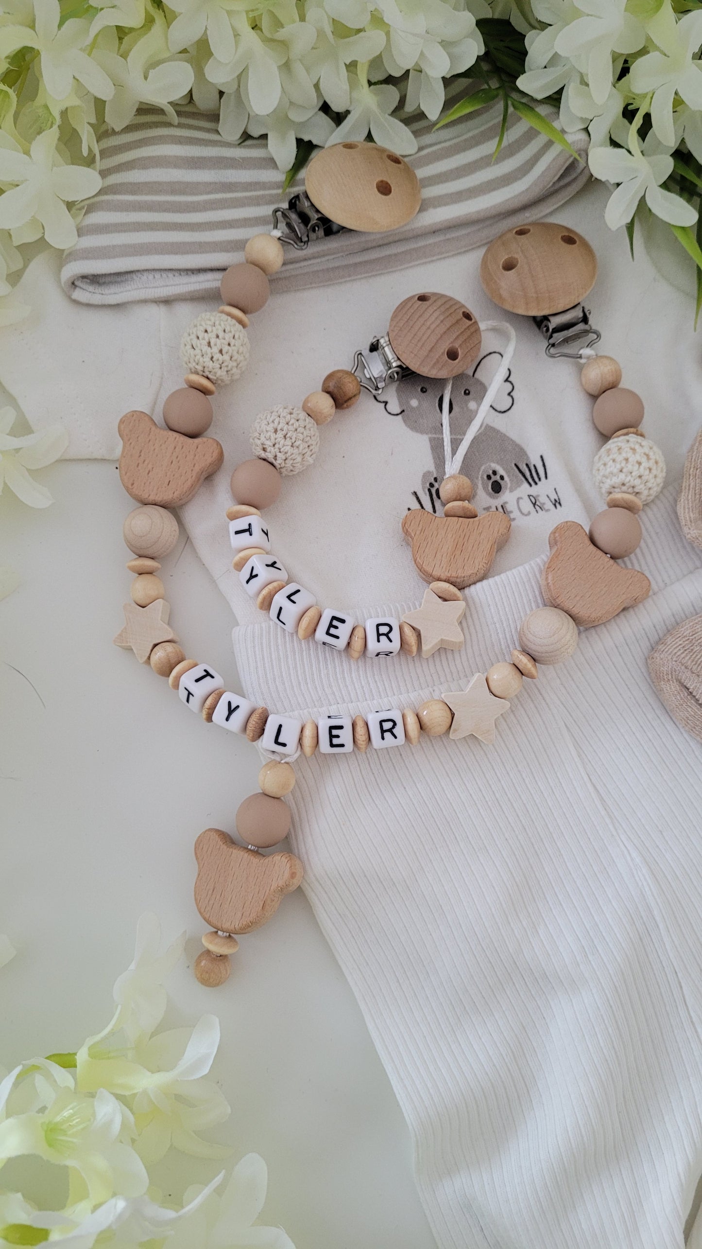 Top Angebot Kinderwagenkette & Schnullerkette mit Namen Bärchen holz