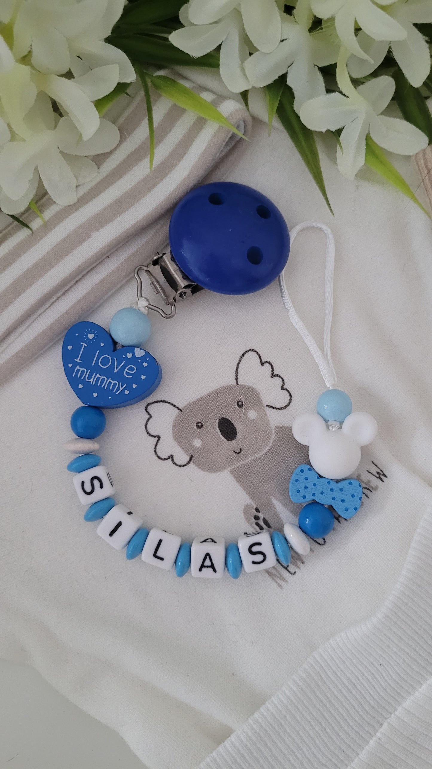 Schnullerkette Maus blau i love Mummy
