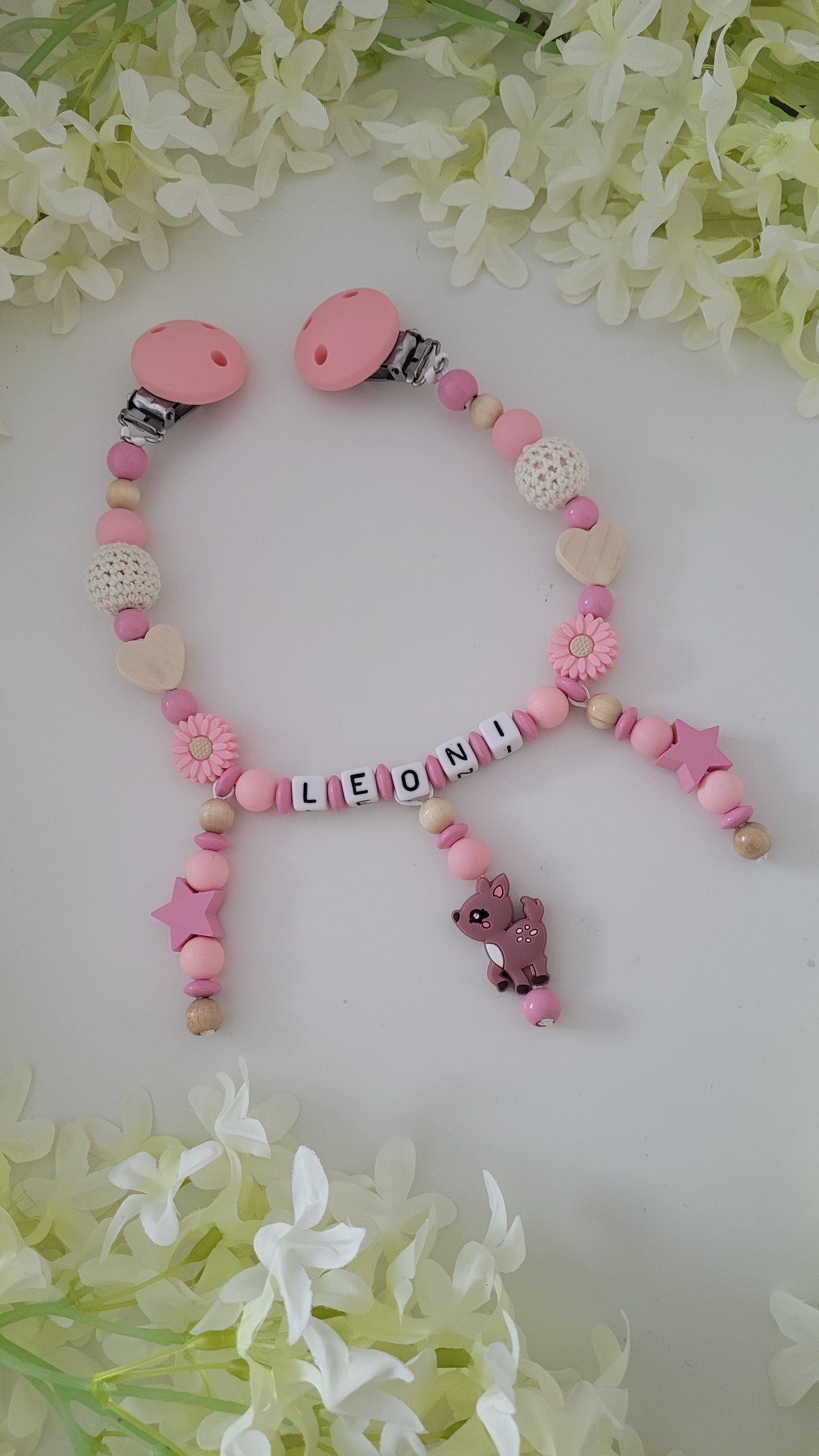 3tlg Set Schnullerkette Kinderwagenkette Greifling Rehkitz Rosa