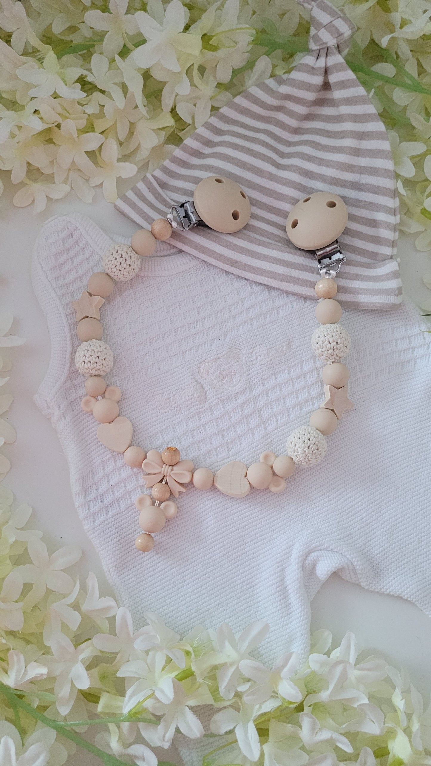 Kinderwagenkette & Schnullerkette mit Namen Maus beige