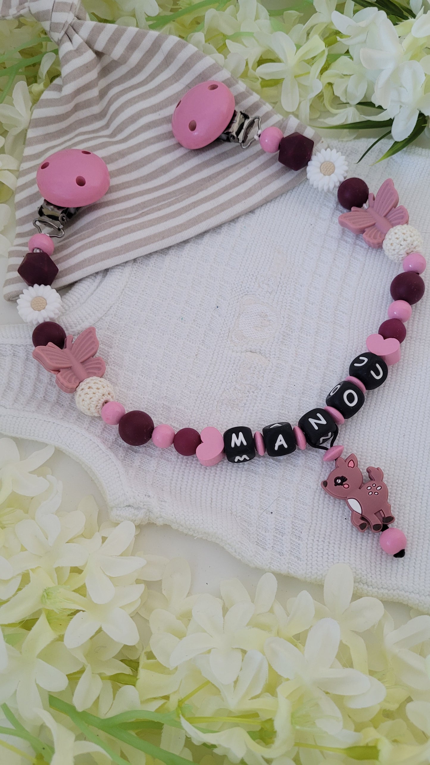 Kinderwagenkette & Schnullerkette * Sweety Kitz* babyrosa weinrot