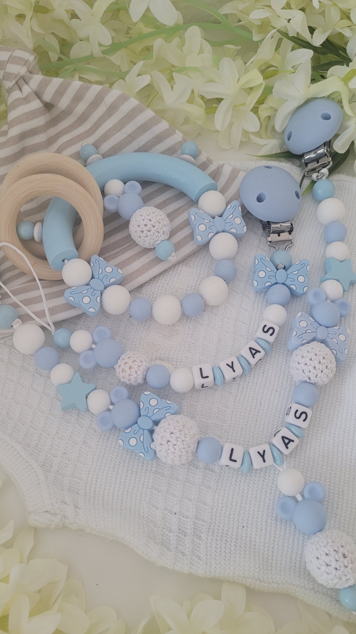 3tlg Set Schnullerkette Kinderwagenkette Greifling *Babymaus* hellblau