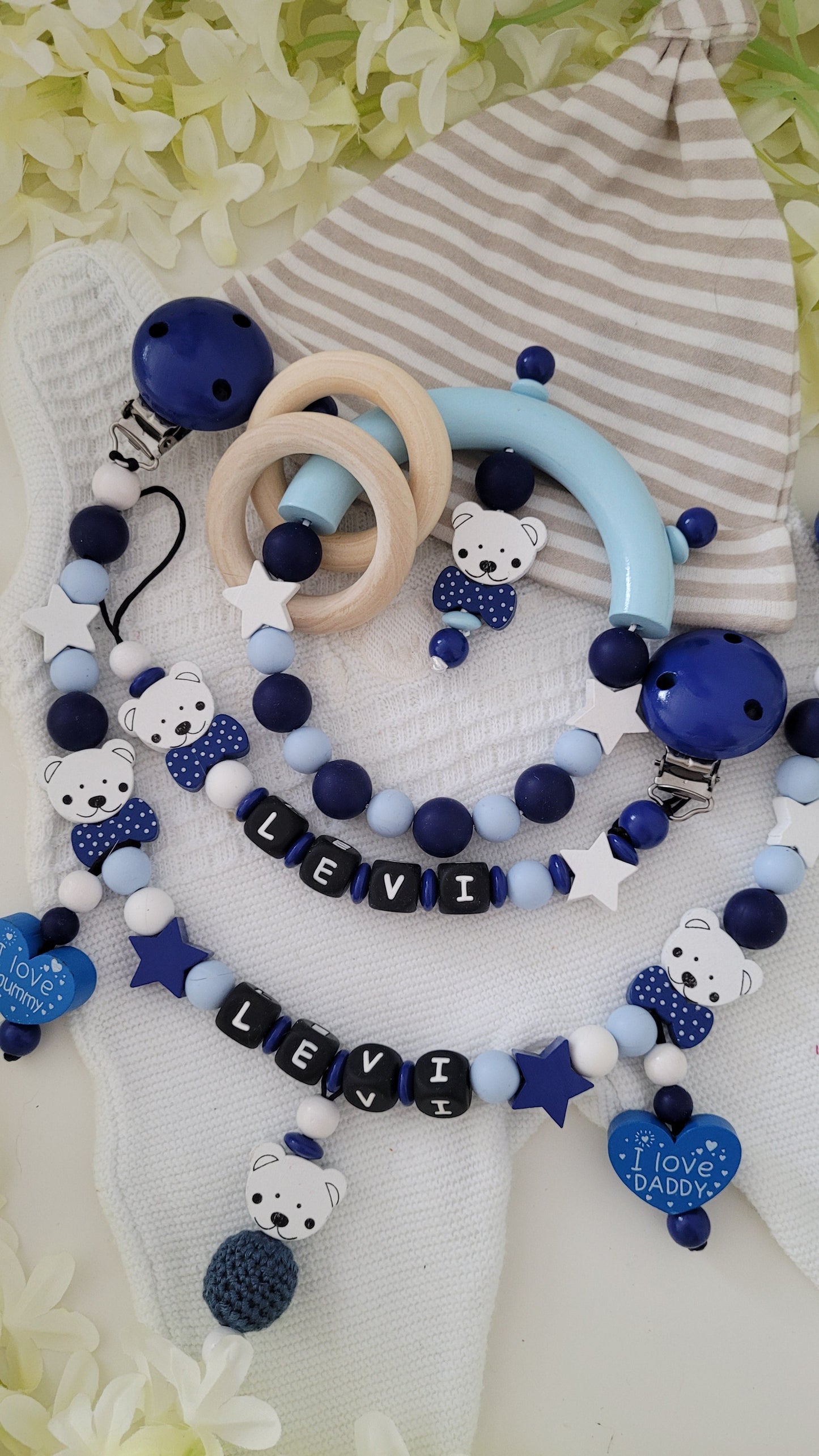 3tlg Set Schnullerkette Kinderwagenkette Greifling *Sweet Teddy* hellblau dunkelblau