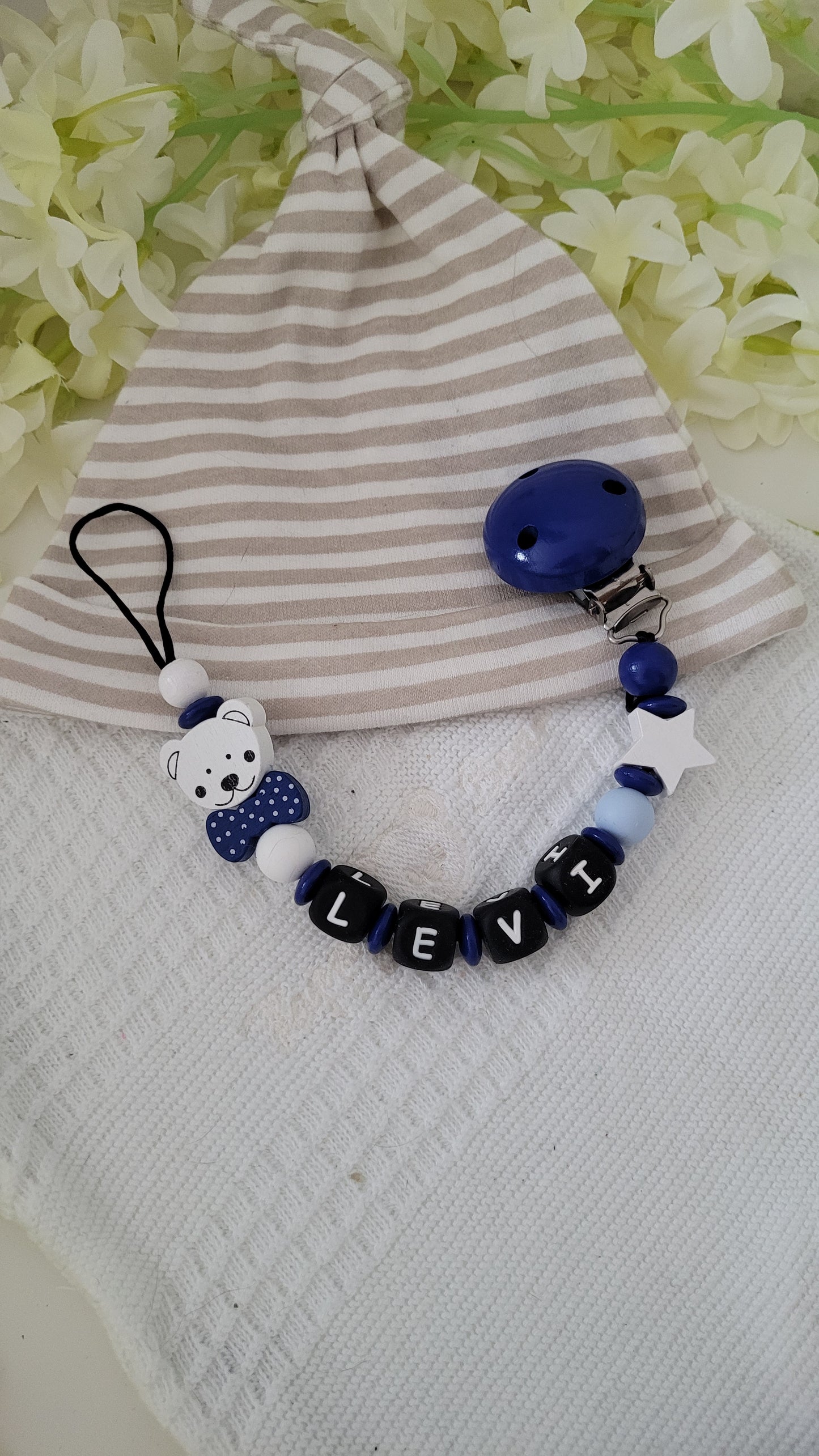 Kinderwagenkette & Schnullerkette * Sweet Teddy * blau weiss