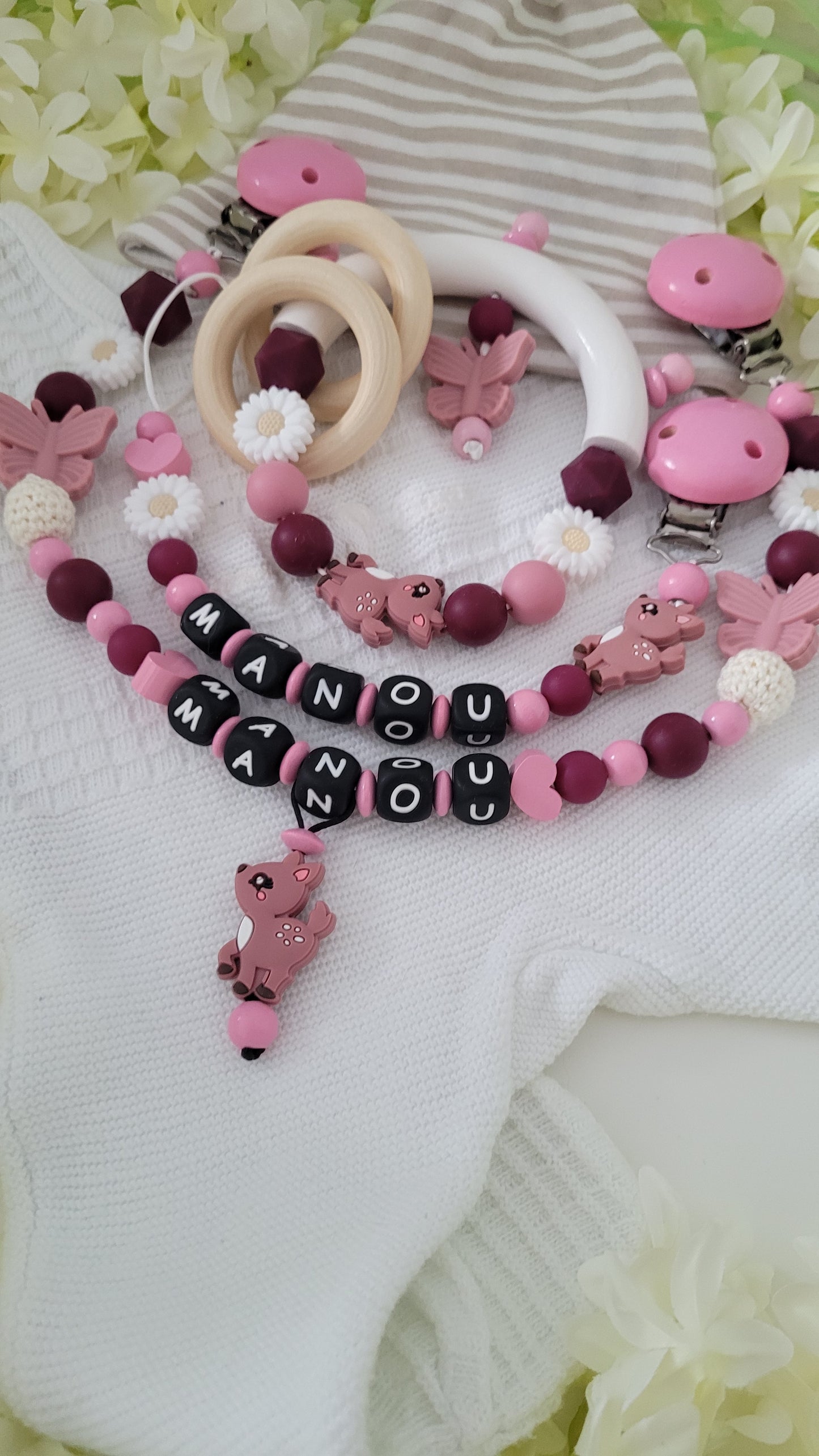 3tlg Set Schnullerkette Kinderwagenkette Greifring *Sweety Kitz * babyrosa