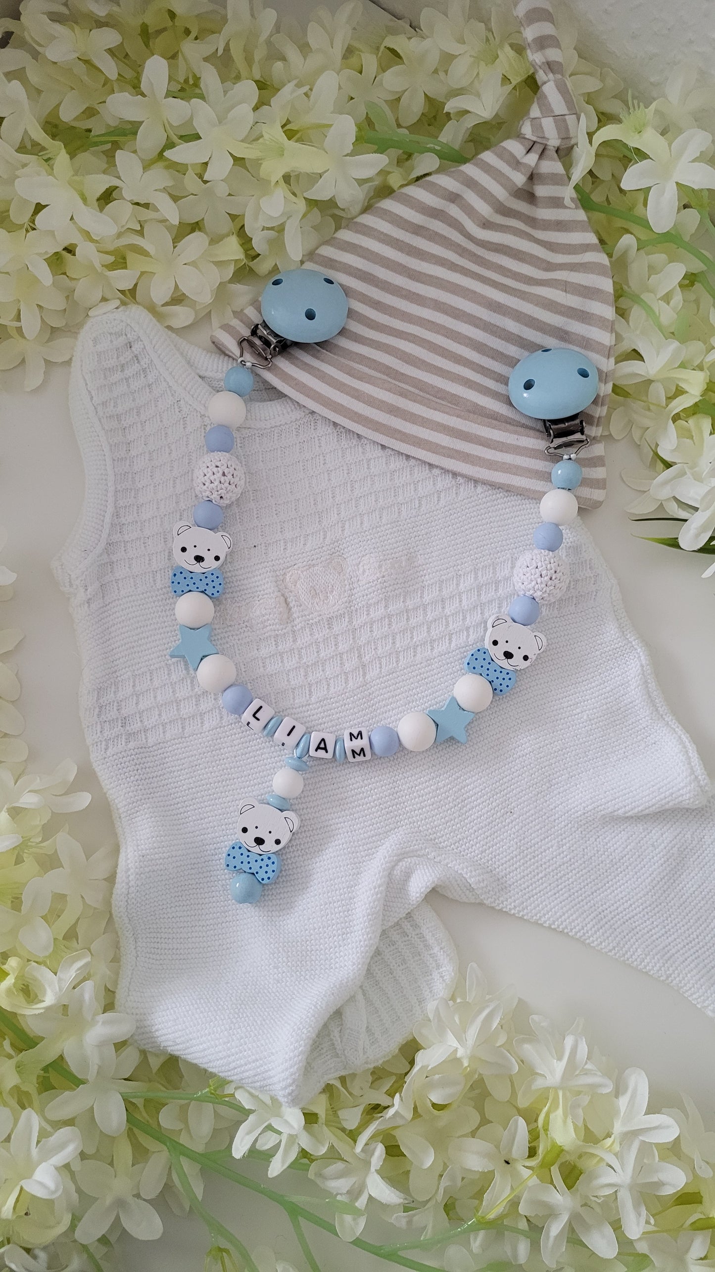 3tlg Set Schnullerkette Kinderwagenkette Greifling *Bärly* hellblau