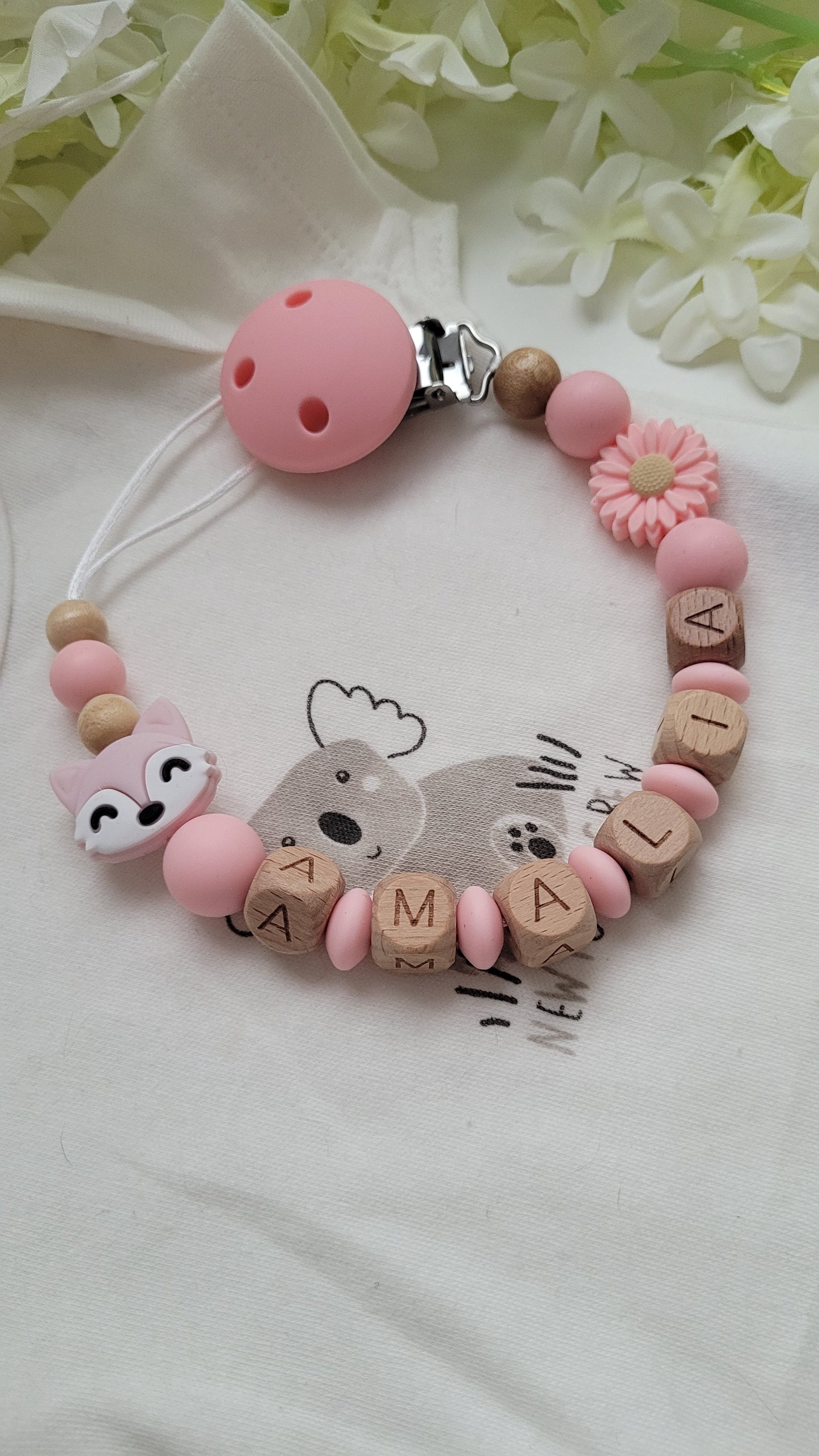 Schnullerkette Fuchs rosa personalisiert Mädchen