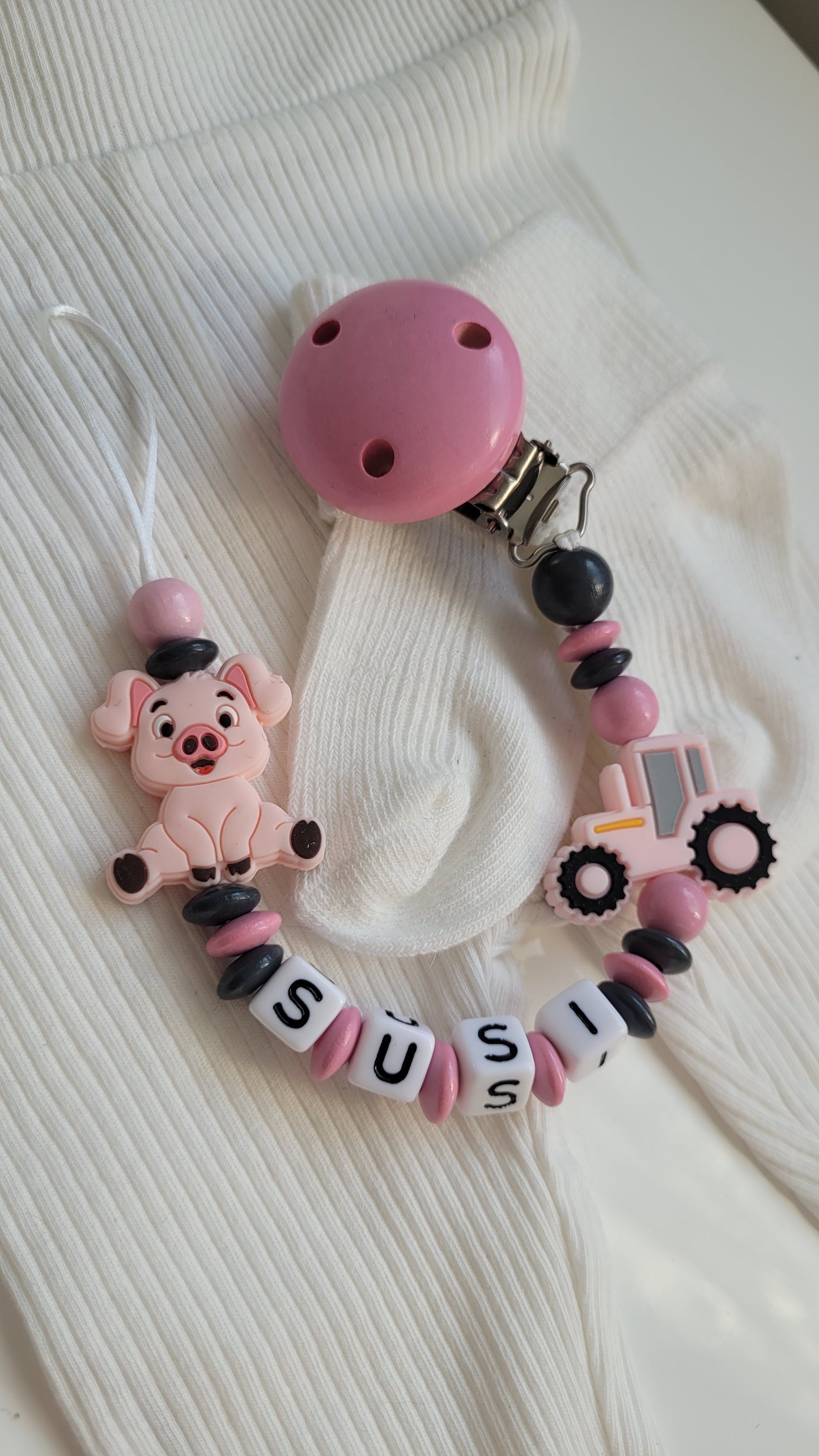 Schnullerkette bauernhof schwein traktor rosa mit namen für mädchen