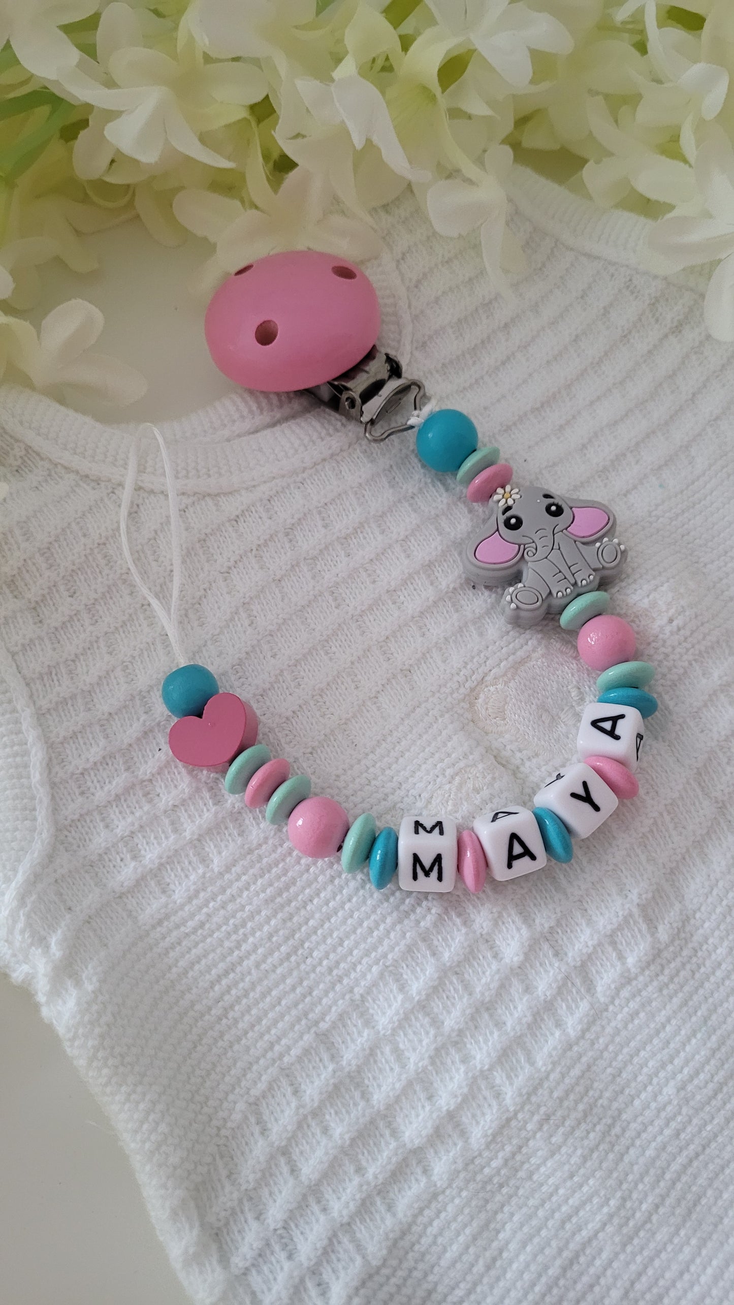 Schnullerkette mit Elefant rosa mit Name