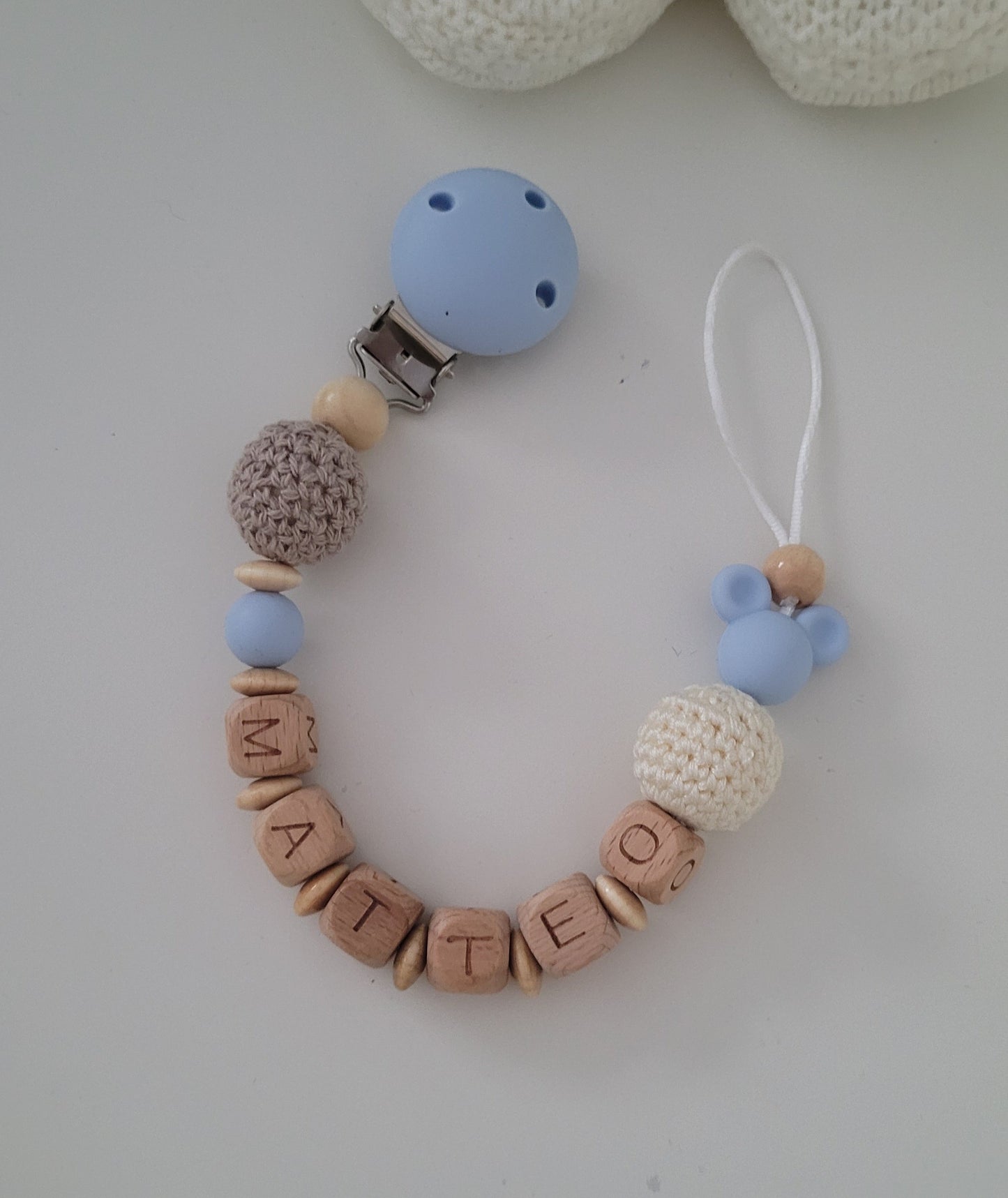 Schnullerkette mit Name Junge Maus blau holz Häkelperlen
