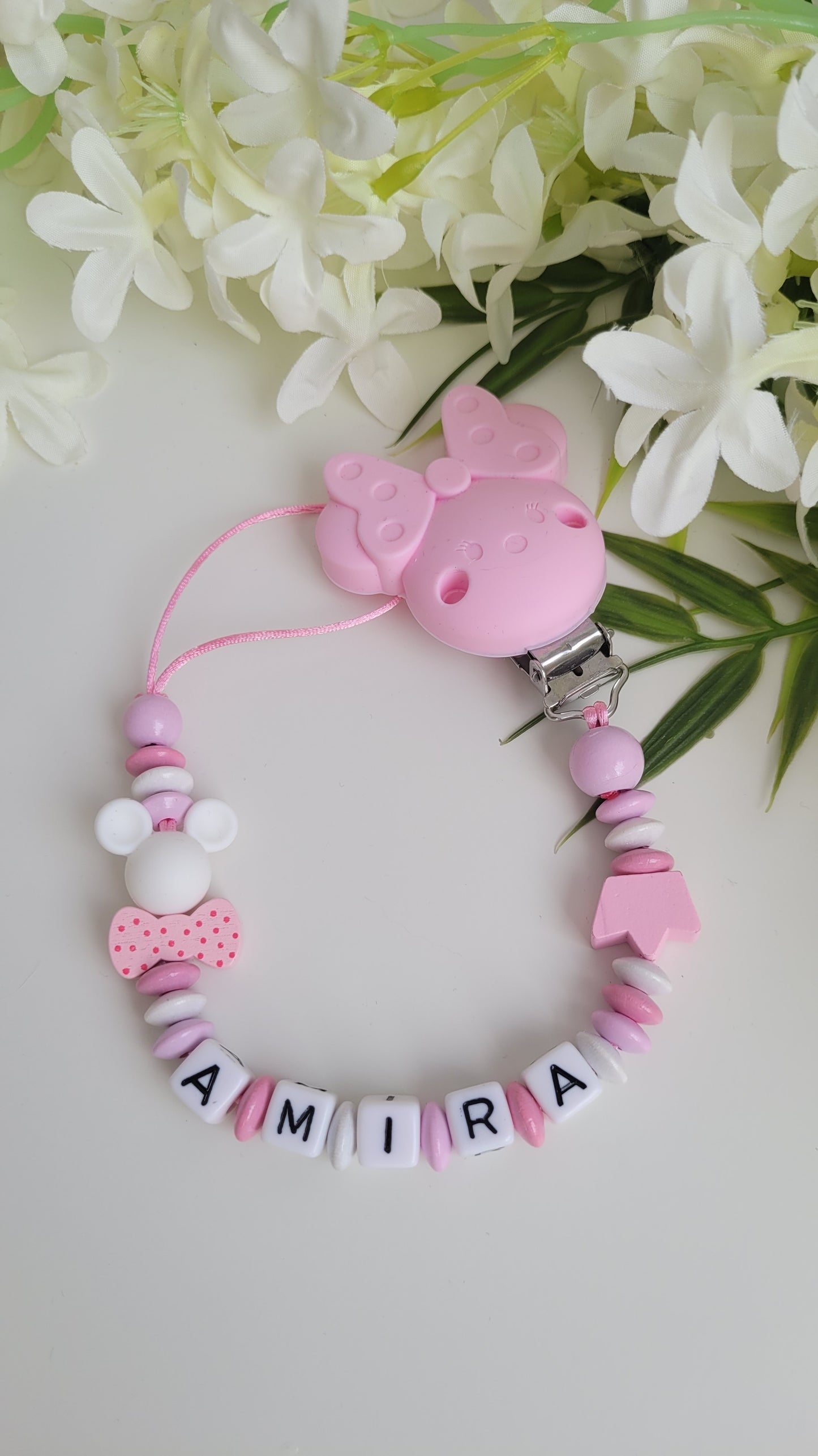 Schnullerkette rosa weiss Minnie Maus mit Namen Silikonmausperle Holzschleife und Krone Silikon Minniemausclip rosa Silikon
