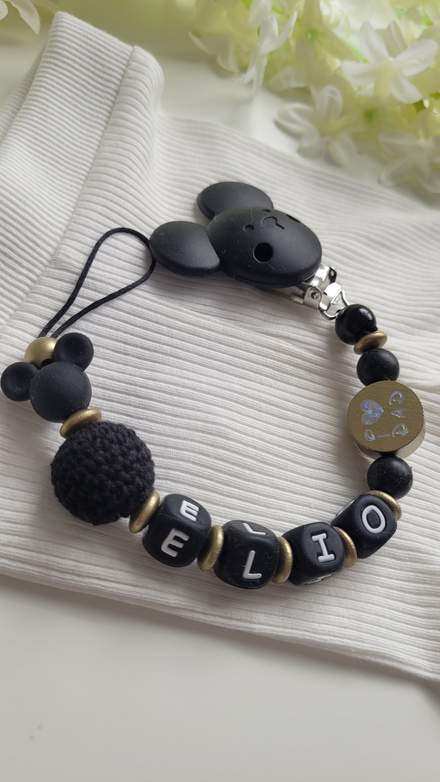 Schnullerkette mit Namen schwarz gold maus