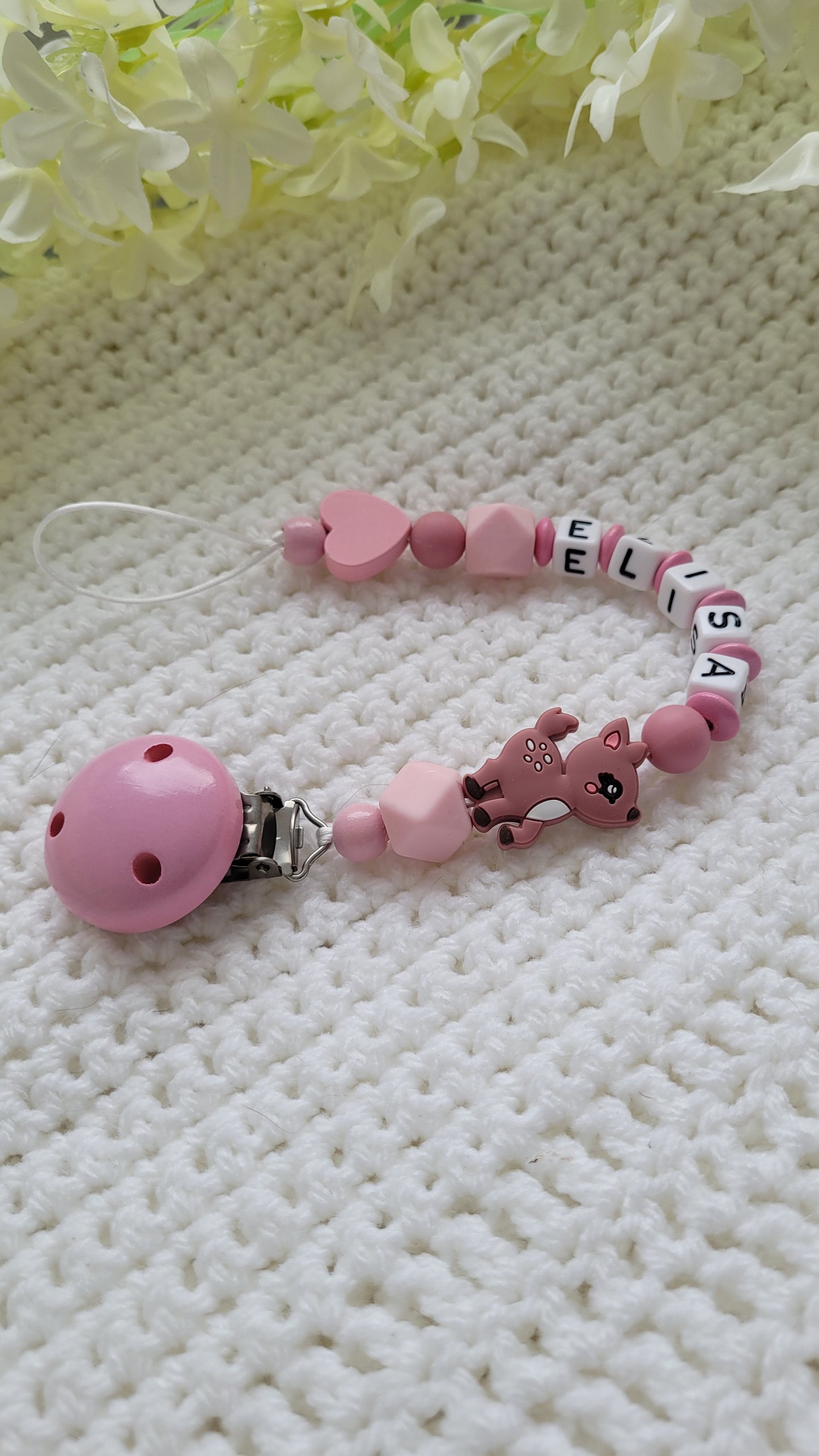 Shnullerkette Wunschname rosa Reh Silikon holz