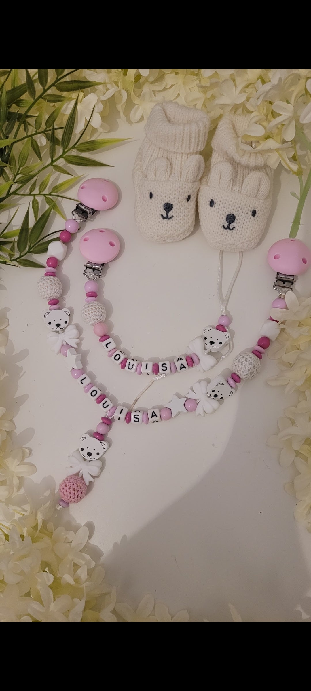 Kinderwagenkette & Schnullerkette * Bärly* rosa pink weiß