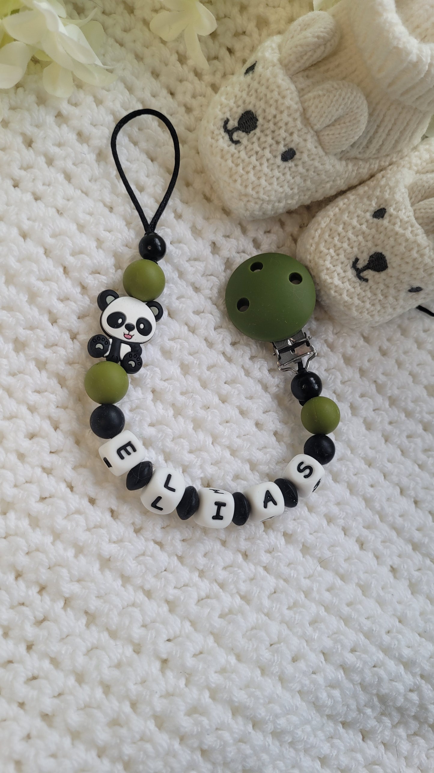 Silikonschnullerkette grün schwarze mit Panda personalisiert
