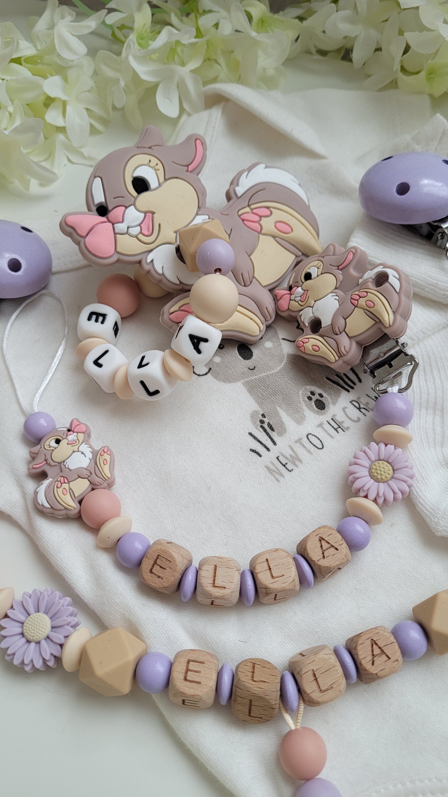 3tlg Set Schnullerkette Kinderwagenkette Greifling Hase