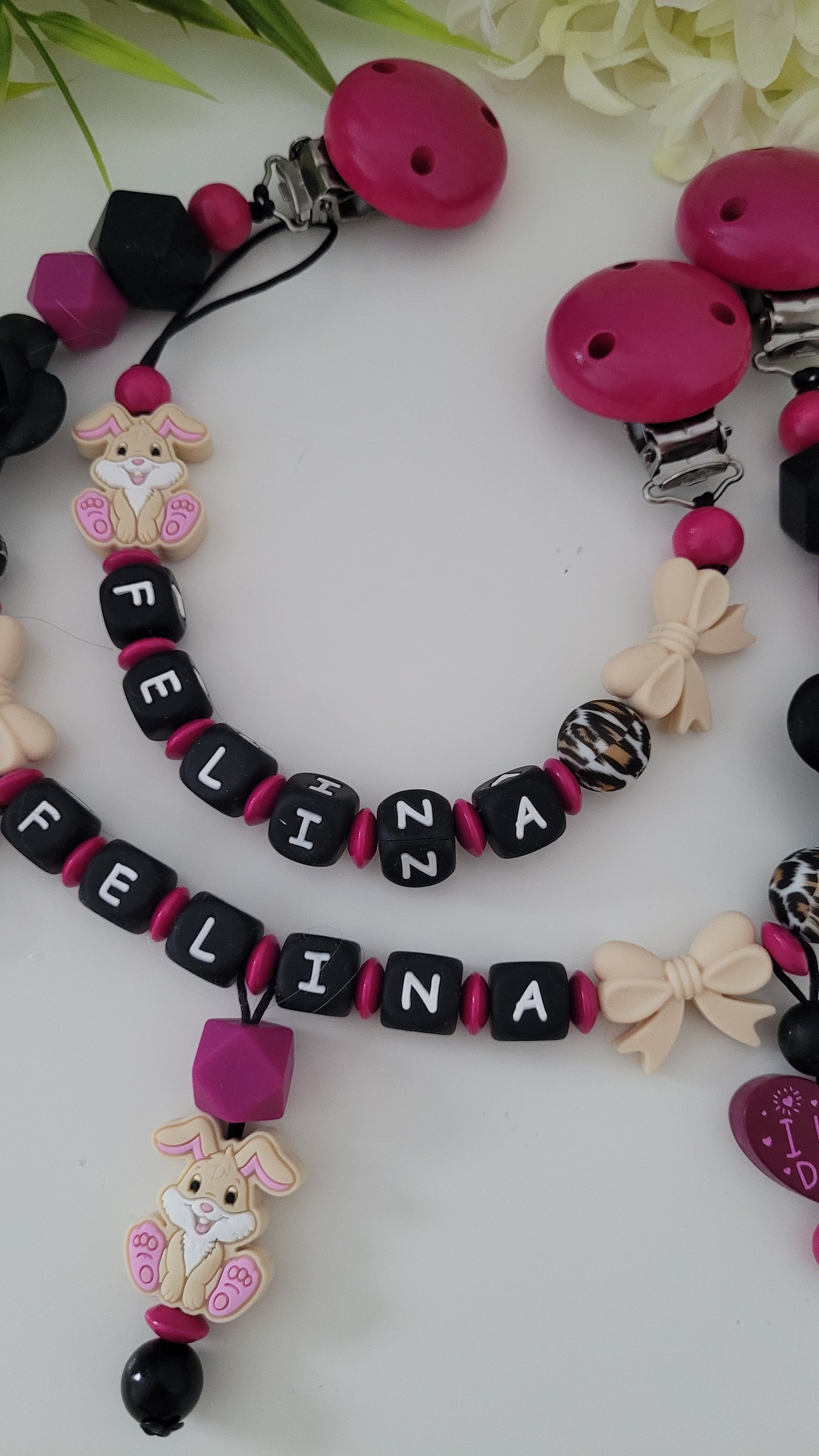 Kinderwagenkette & Schnullerkette *Häschen* pink schwarz