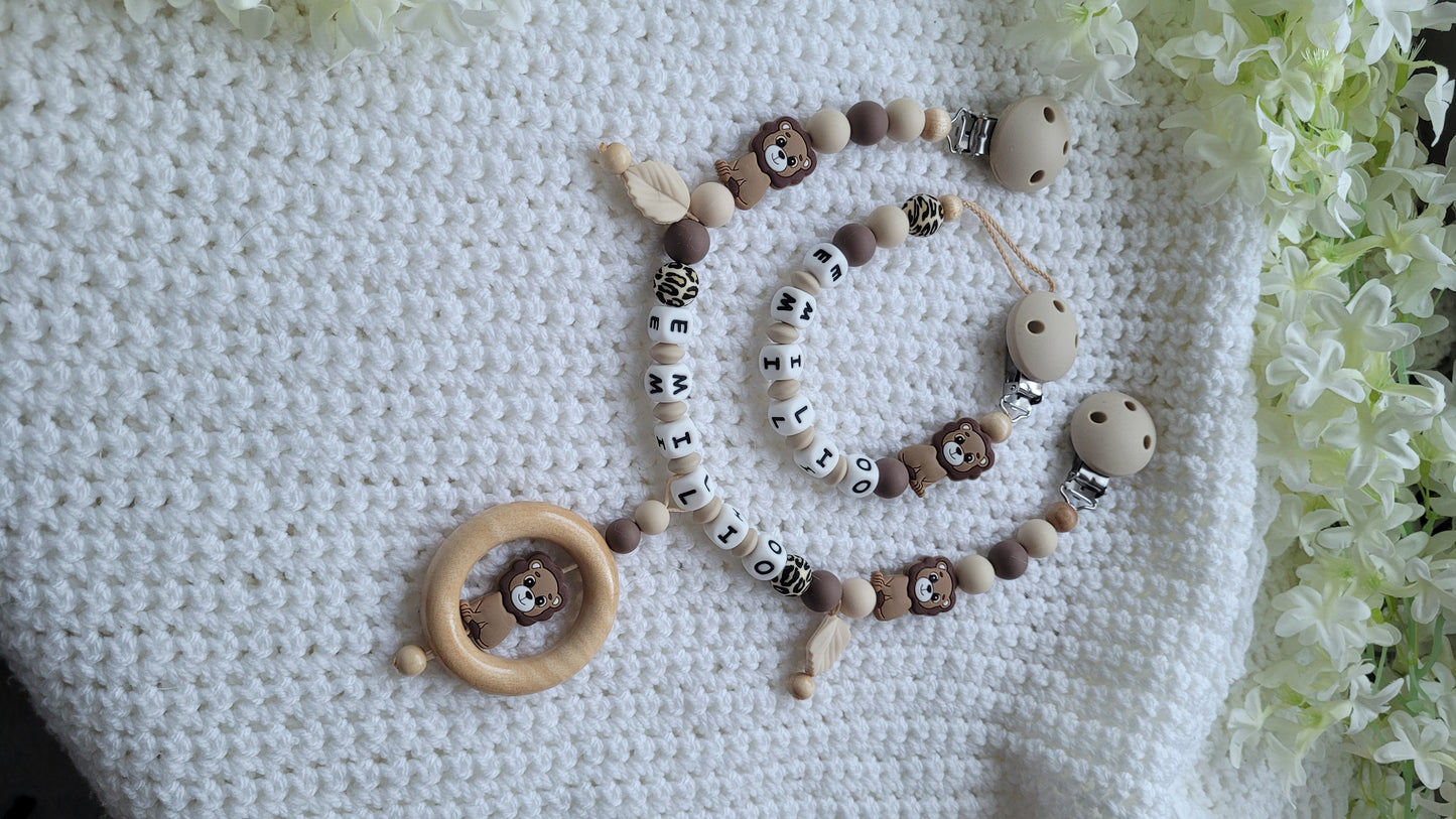 Kinderwagenkette & Schnullerkette Set Baby Löwe beige braun leo