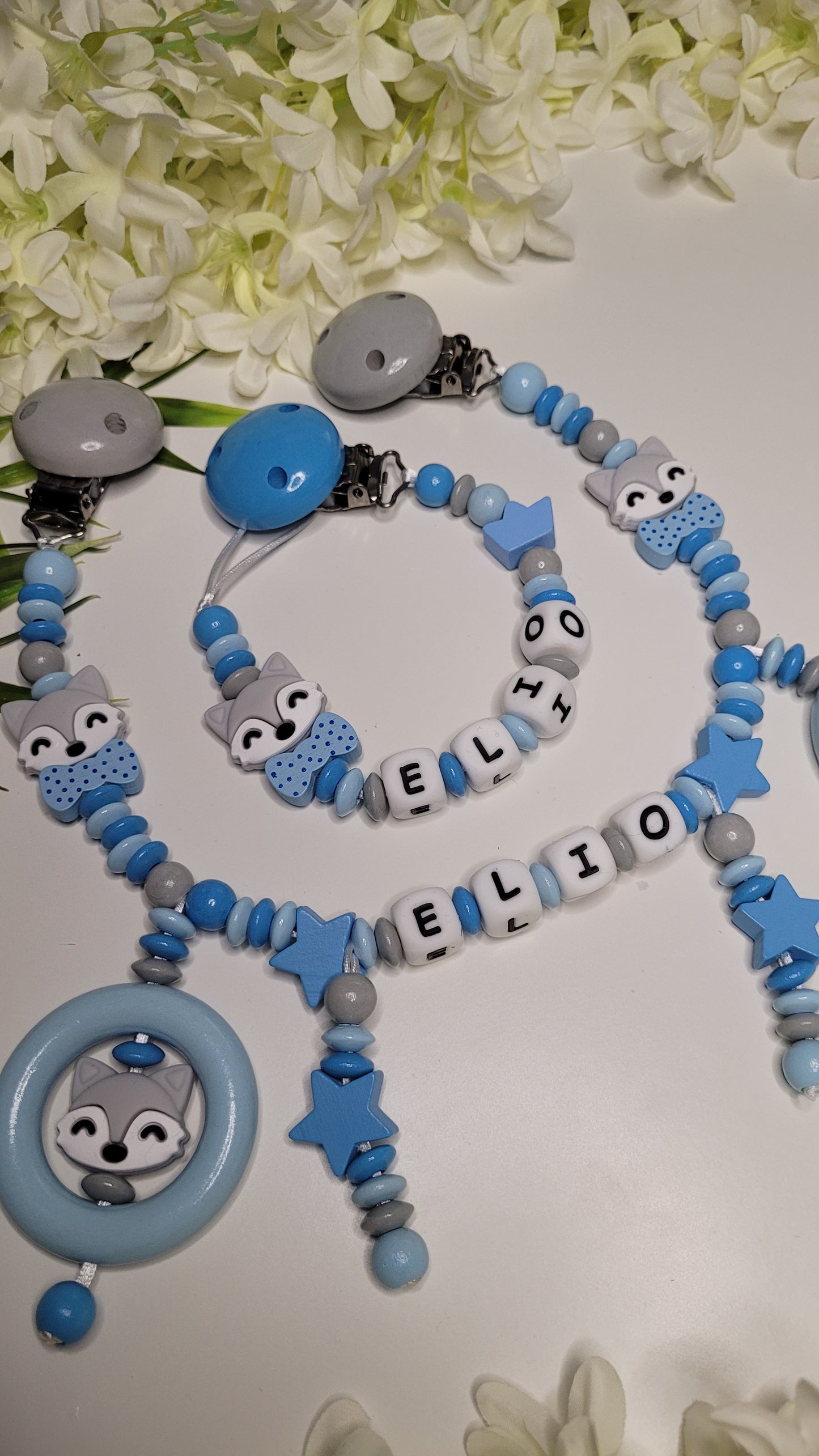 Kinderwagenkette & Schnullerkette Fuchs personalisiert blau grau
