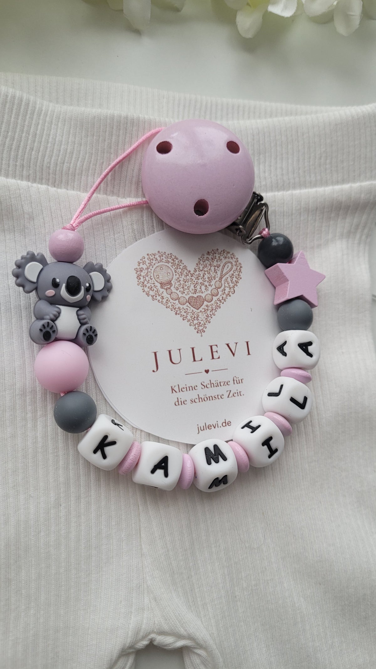 Schnullerkette mit Namen für Mädchen Koala rosa grau