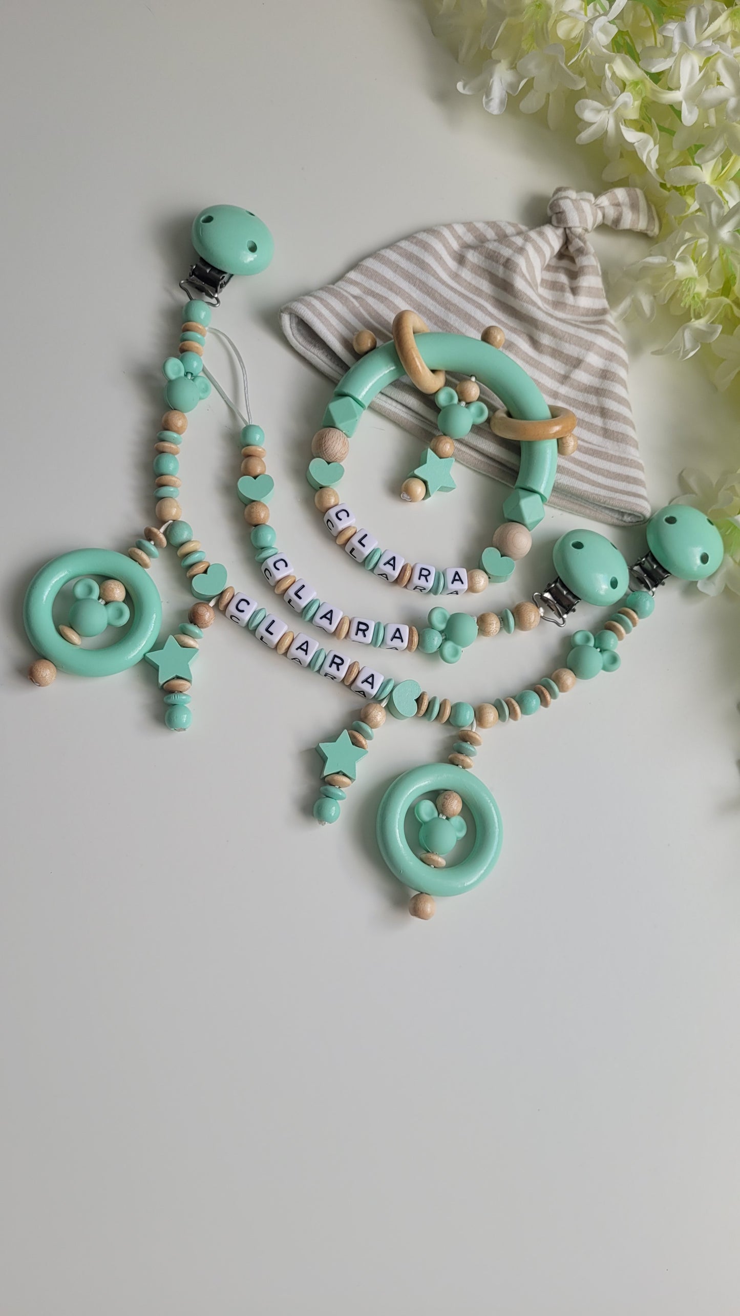 3tlg.Set Schnullerkette Kinderwagenkette & Greifring Maus mint holz Spielringe