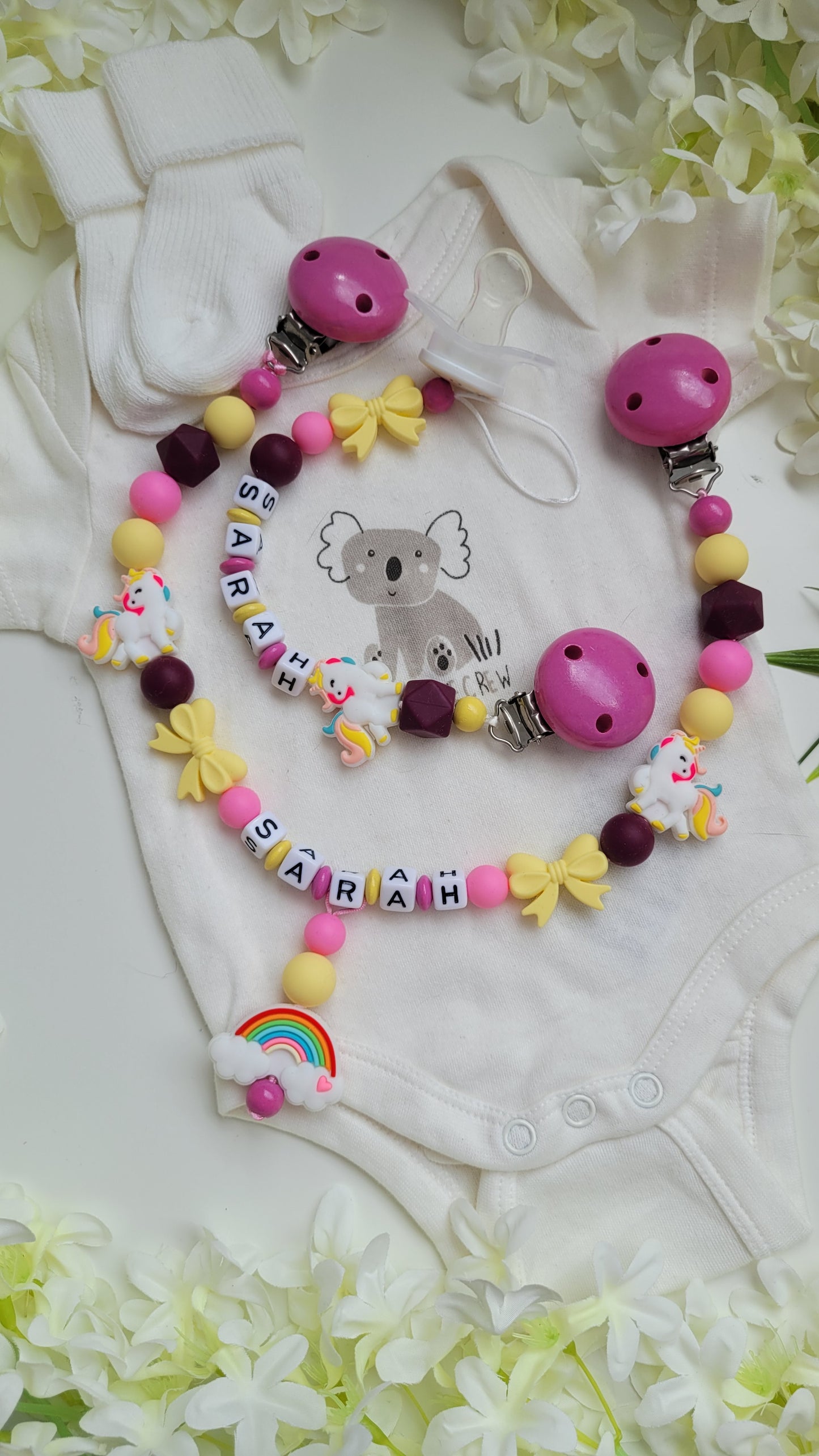 Kinderwagenkette & Schnullerkette Einhorn Regenbogen