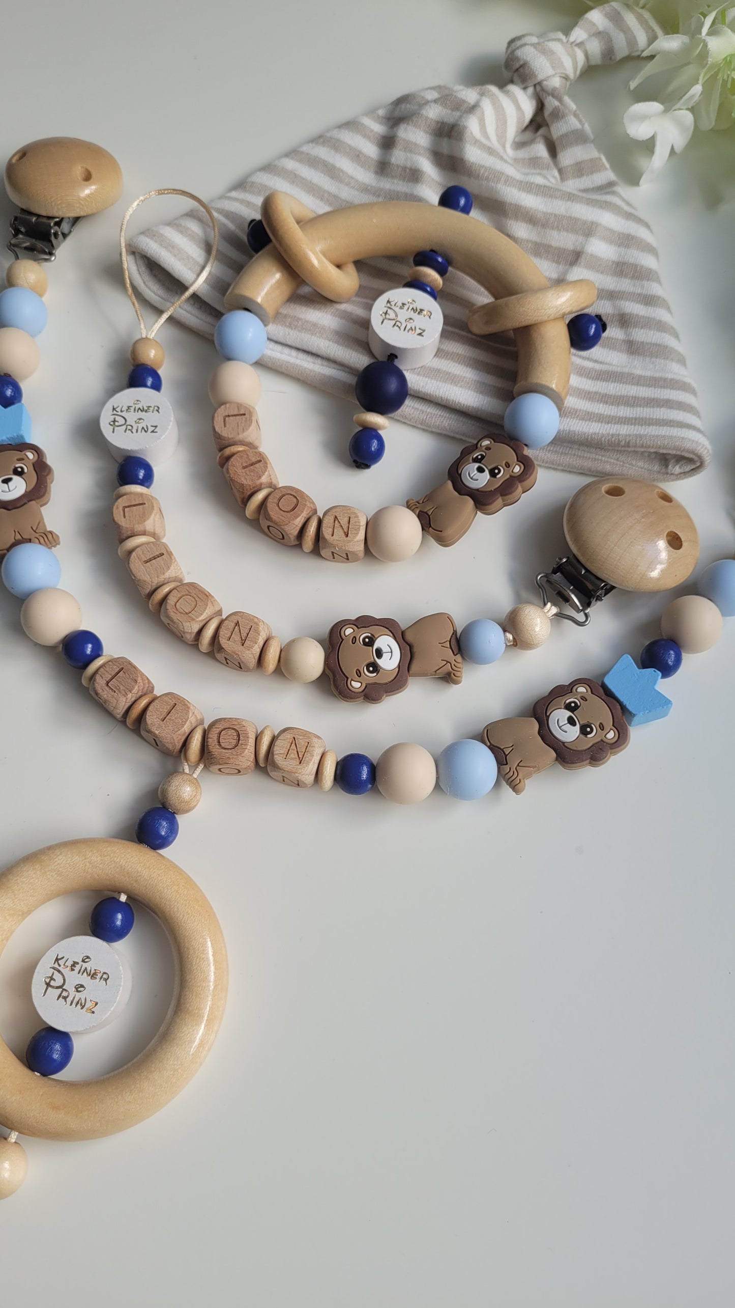 Mega 3tlg Set Schnullerkette Kinderwagenkette Greifling Löwe blau braun