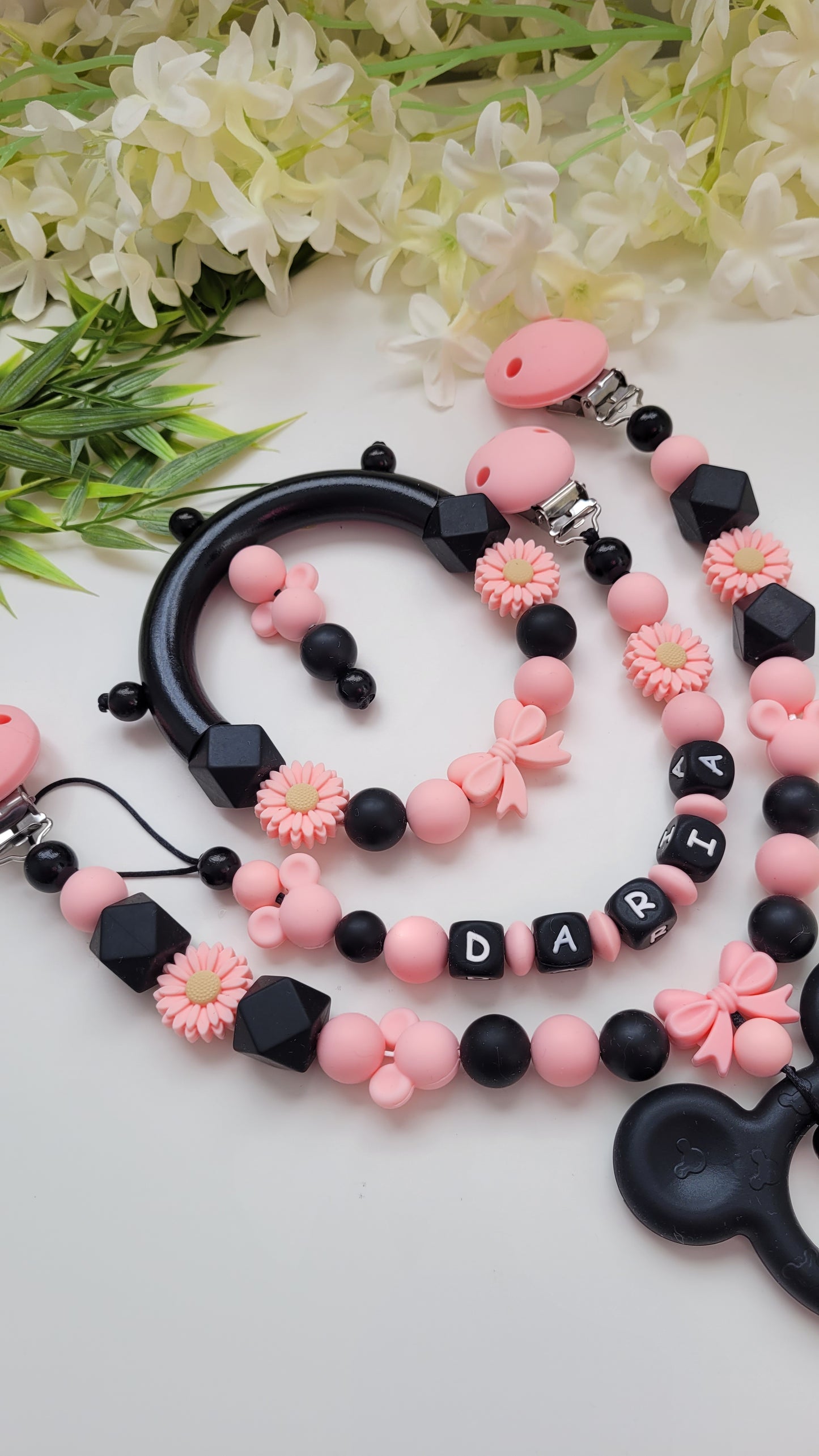 3tlg Set Schnullerkette Kinderwagenkette Greifling Maus schwarz apricot