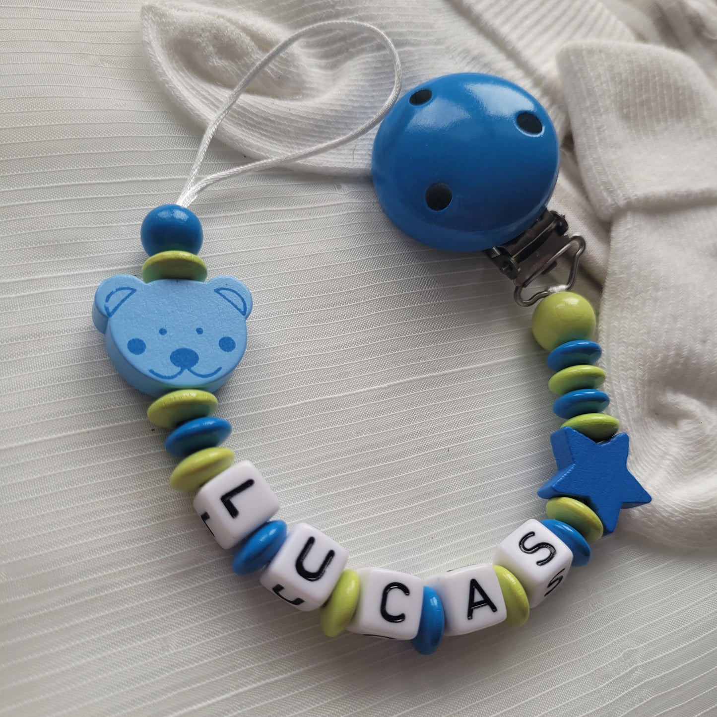 Schnullerkette mit Namen für Jungen Teddy & Stern blau grün